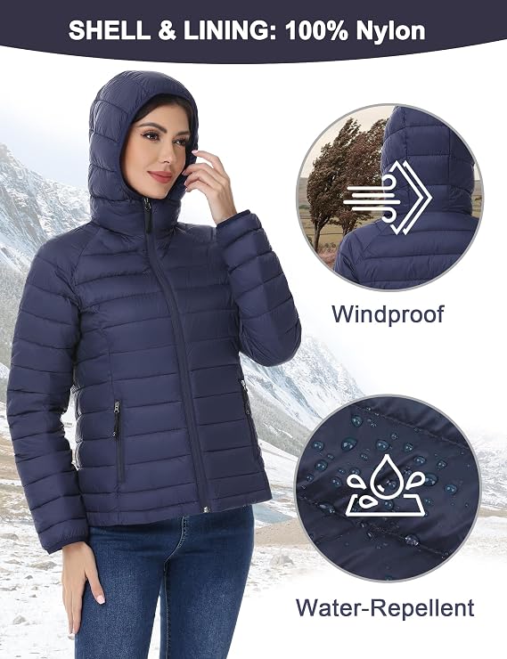 SLOW DOWN Womens Packable Puffer Jacket, Lightweight Puffer Jacket with Hood