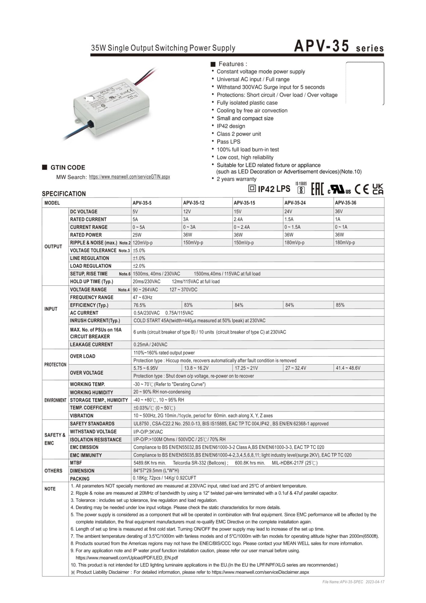 FCARUMIQP Pojedynczy zasilacz przełączający 5 V/12 V/15 V/24 V 35 W Seria APV-35 (Apv-35-24V)