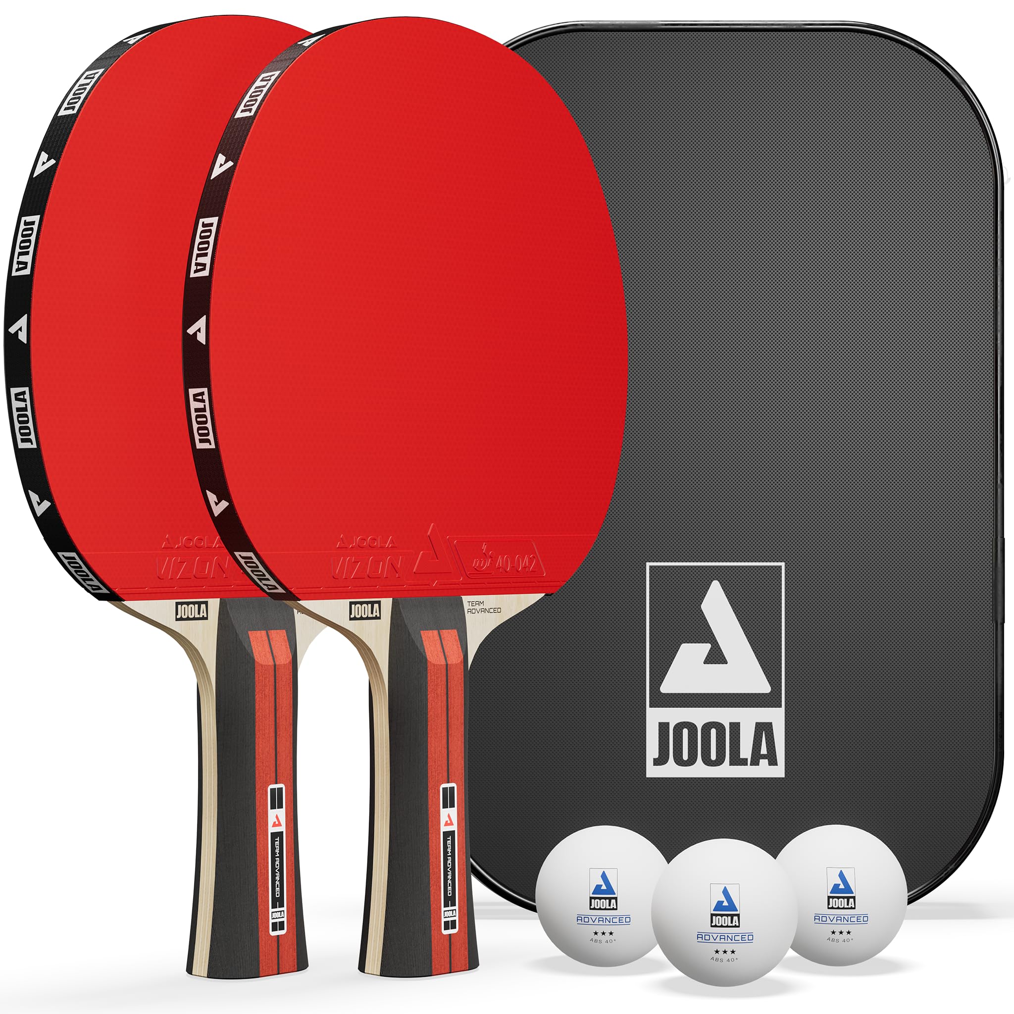 JOOLA Team Advanced zestaw do tenisa stołowego – 2 rakietki do tenisa stołowego + 3 piłki do tenisa stołowego + pokrowiec do tenisa stołowego – 6-częściowy