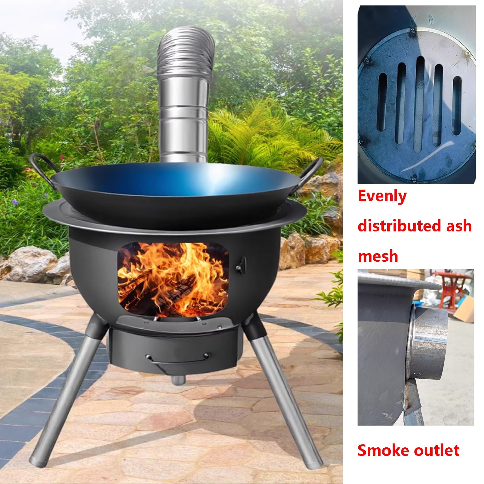 Stufa Da Campeggio Portatile Con Kit Camino, Cassetto Cenere, Gambe Rimovibili, Multi-Combustibile Per Campeggio, Cucina Casa, Uso Cortile(52 * 52 * 53cm)