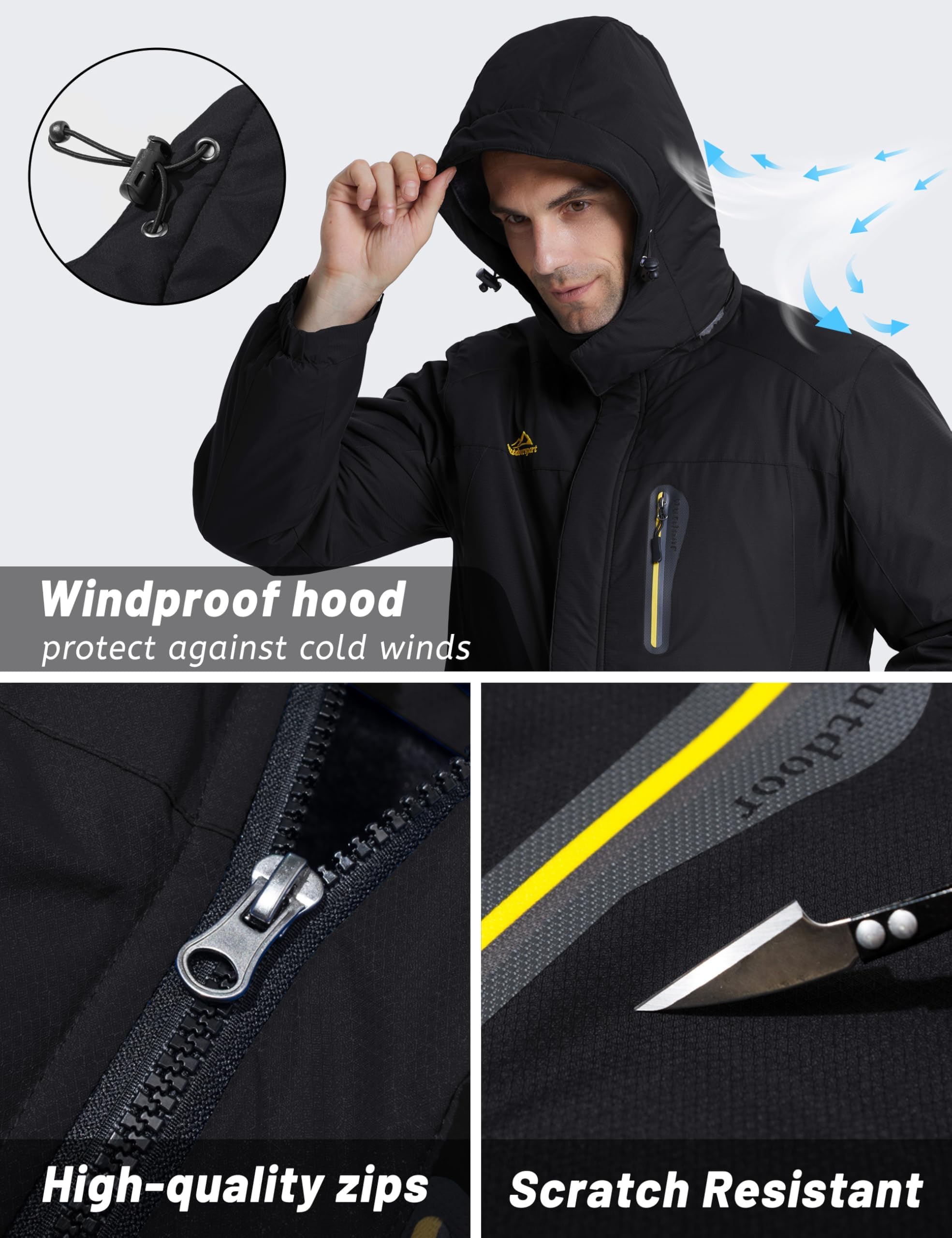 TACVASEN Veste Ski pour Homme Vestes Imperméable Chaudes Polaires Vestes De Randonnée Manteau Épais avec Capuche Amovible