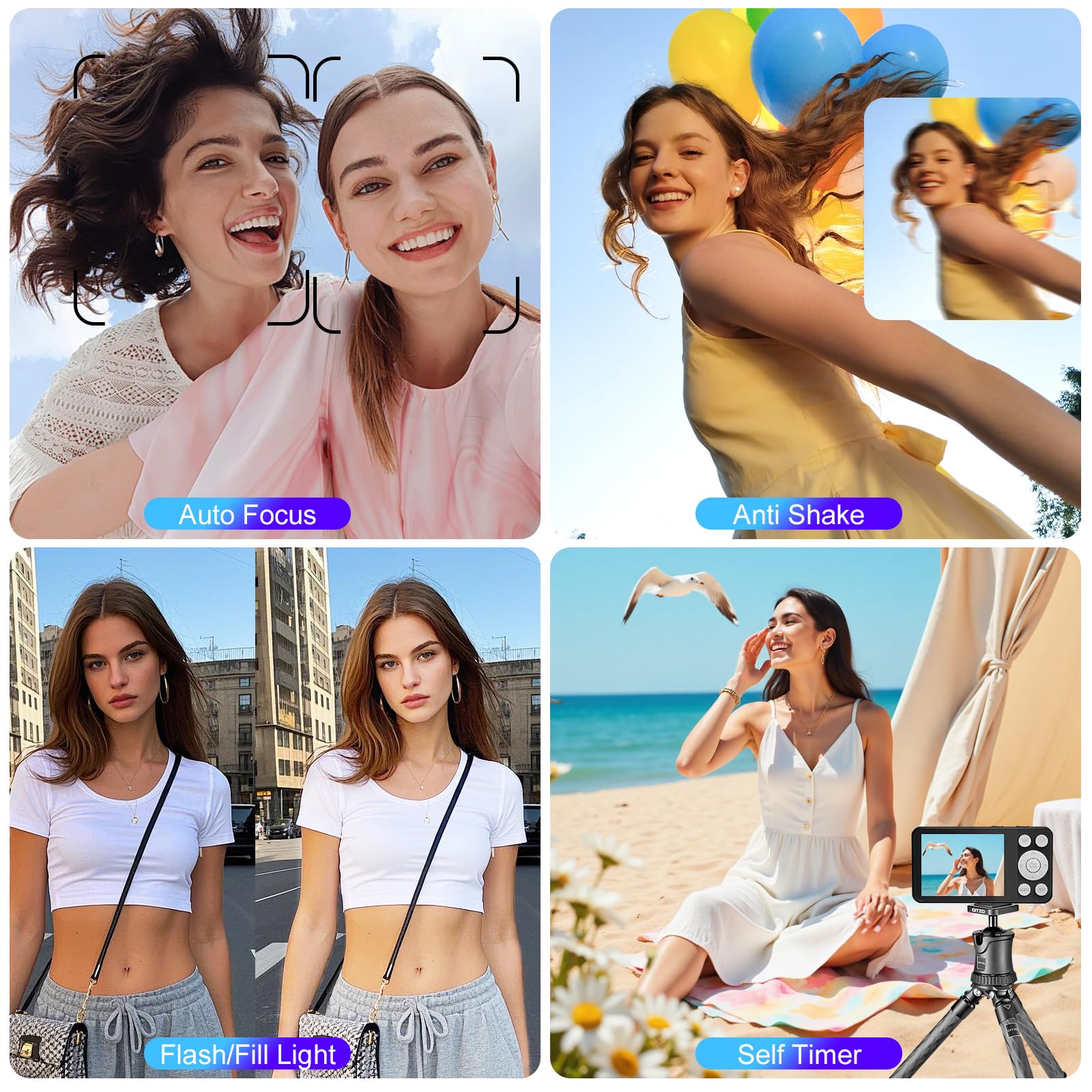 OBEST Appareil photo numérique 4K 64 Go, 64 MP, autofocus, avec écran LCD 2,8", zoom numérique 18x, mini appareil photo portable 2000 mAh pour adolescents, adultes et débutants