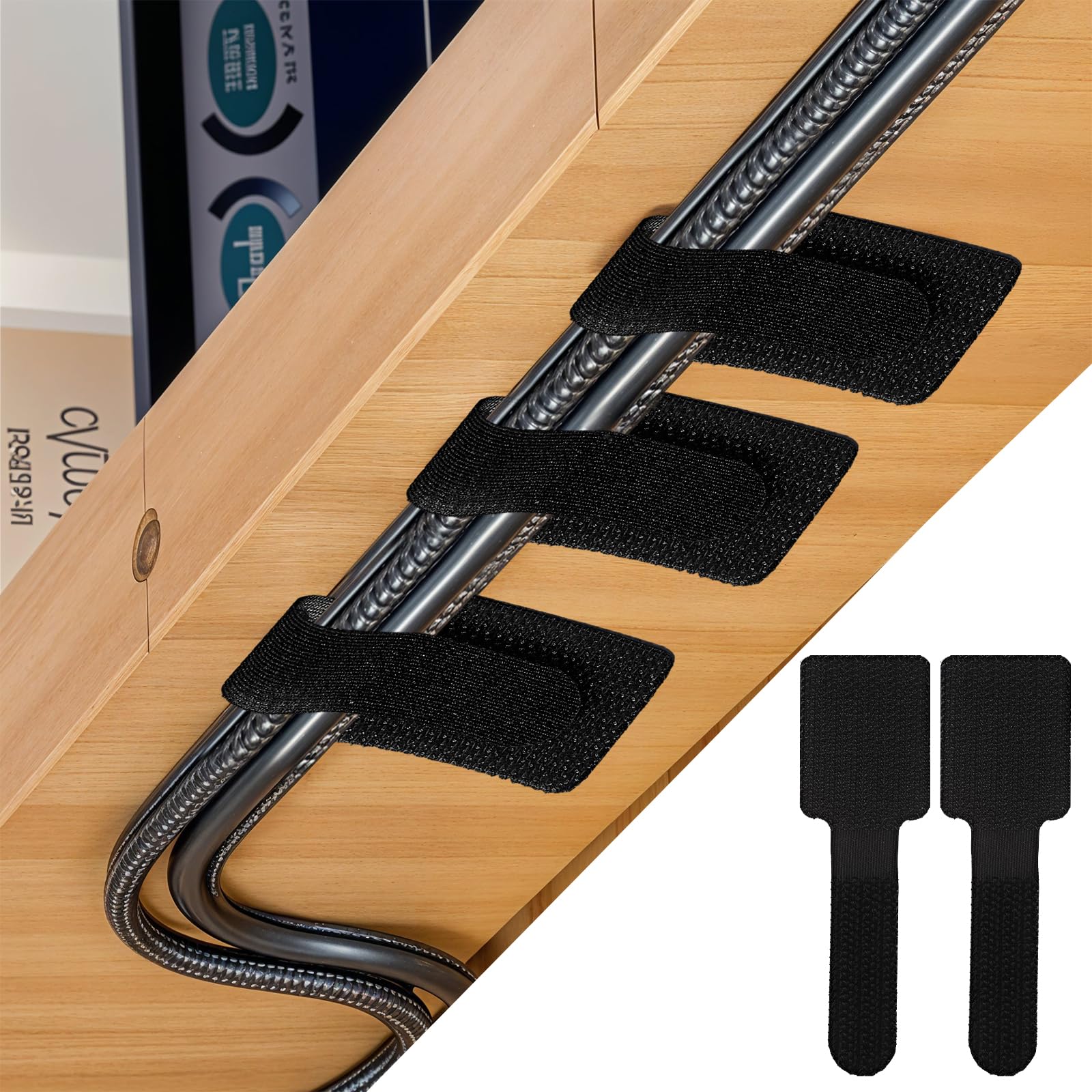 HJZHII 50PCS Hook and Loop Cable Ties, Self Adhesive Hook and Loop Cable Straps Adjustable Cable Management Wire Organizer Adhesive Cord Wrappers Keeper Cord Holder Cord Organizer(Black)