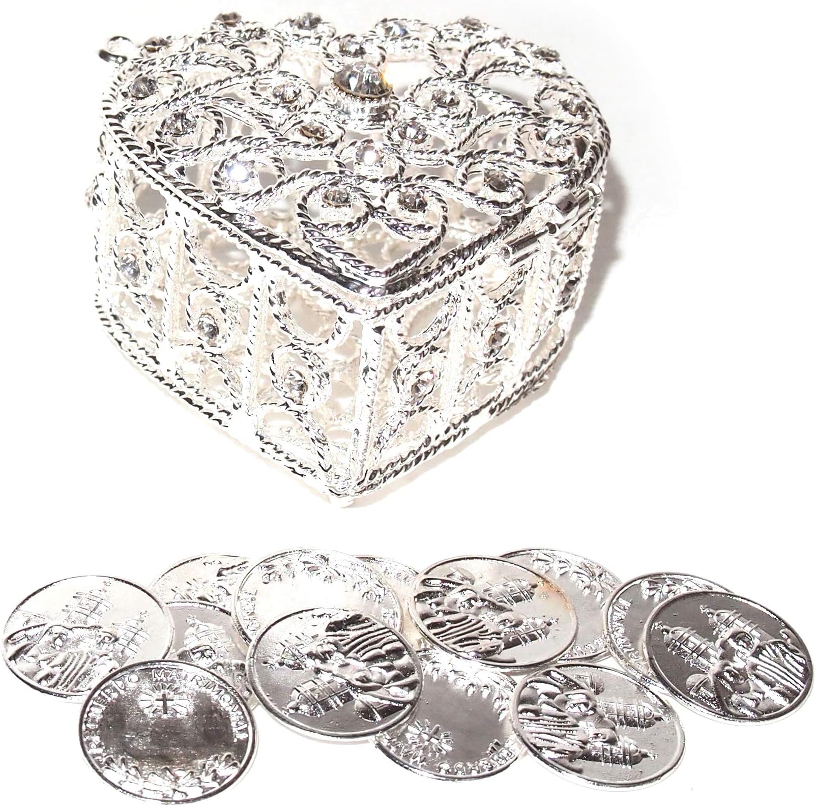 Joice Decorative Rhinestone Wedding Arras Heart Shape Box Set 2¼” X 1½” X 2" (Silver)
