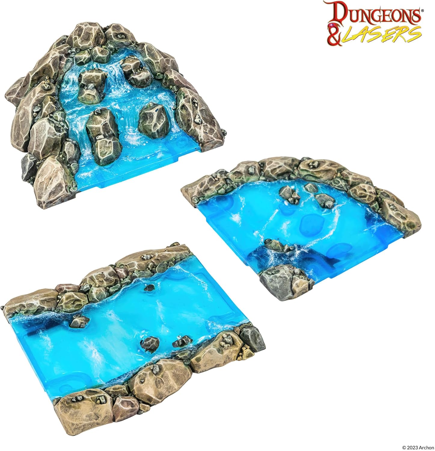 Dungeons & Lasers Modular River DND Terrain - 8 Pieces with Clear Plastic for Realistic Water Effect - for D&D and 5E Compatible Tabletop RPG Games - Unpainted and Unassembled - Ages 14 Years and up