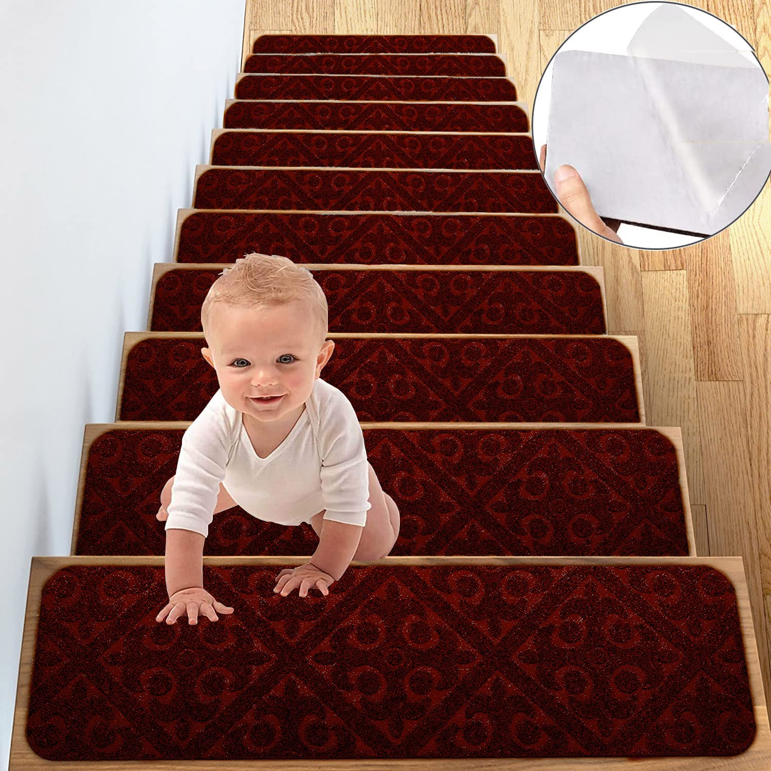 Lot de 26 tapis d'escalier autocollants antidérapants chauds et durables de couleur rouge vin. Respectueux de l'environnement et facile d'entretien.