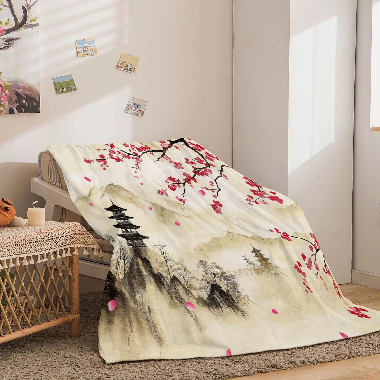 3D Couvertures Polaire Brun Flanelle Couverture Polaire Style Japonais Montagnes Pagode Fleurs De Cerisier pour Adultes Enfants Rester Chaud en Hiver Couverture en Peluche Canapé-lit 180 x 220 cm