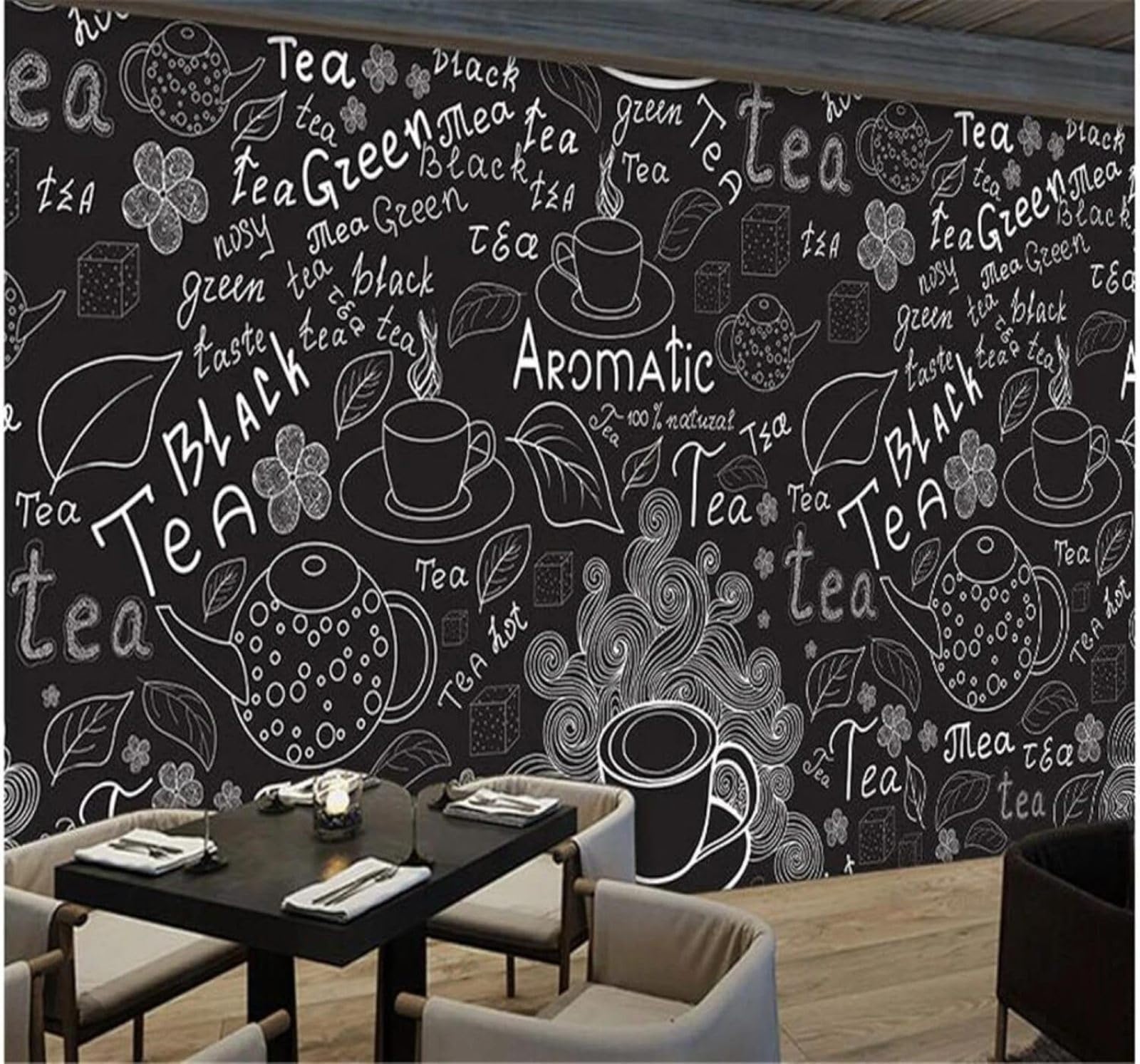 Xlming 350Cm×256Cm(B×H) Creative Chalkboard Style Black And White Leaves Café 3D Wallpaper Premium Textured Silk Study Dining Living Room Bedroom Sofa Tv Wall Easy Install-350Cm×256Cm