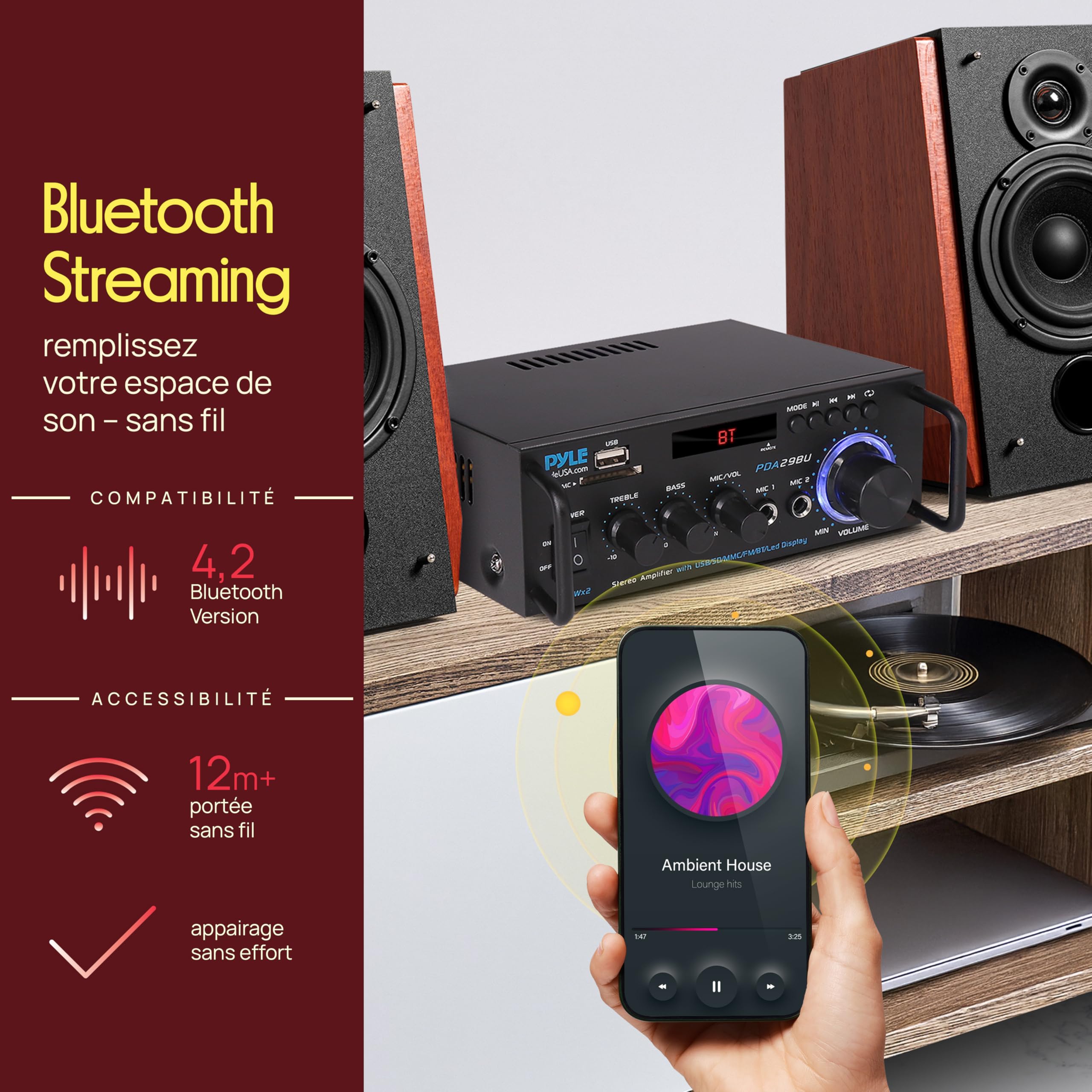 Pyle Amplificateur Audio Stéréo sans Fil Bluetooth - Système Récepteur Stéréo Audio à Deux Canaux de 200W avec RCA, USB, SD, Entrée Micro, Radio FM, pour Home Cinema Via RCA, Utilisation en Studio