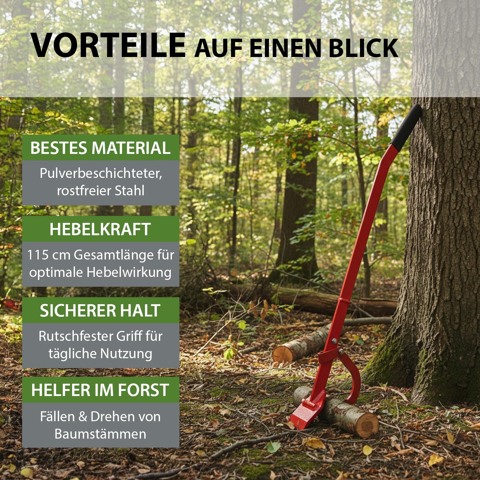 TRUTZHOLM Fällheber mit Wendehaken 115 cm lang Zahnplatte 10 cm breit rutschfester Griff Fällhilfe aus Stahl zum Fällen Anheben Drehen von Baumstämmen bis 540 mm geschmiedeter Stammwender in rot