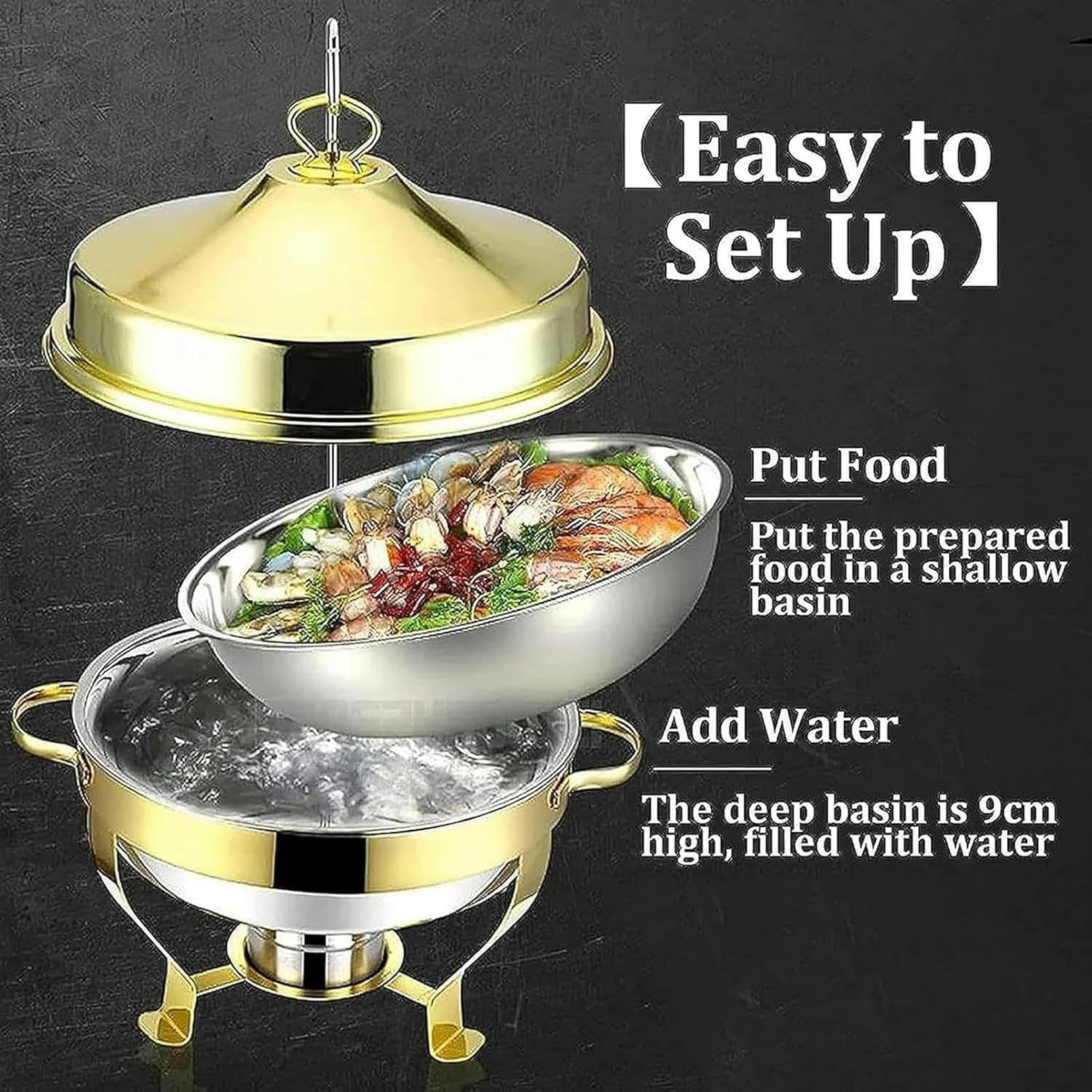 Chafing Dish Rotondo in Acciaio Inossidabile da 9 Litri,Portavivande E Scaldavivande di Dimensioni Standard con Teglia per Alimenti,Contenitori per Combustibile E Coper,Silver