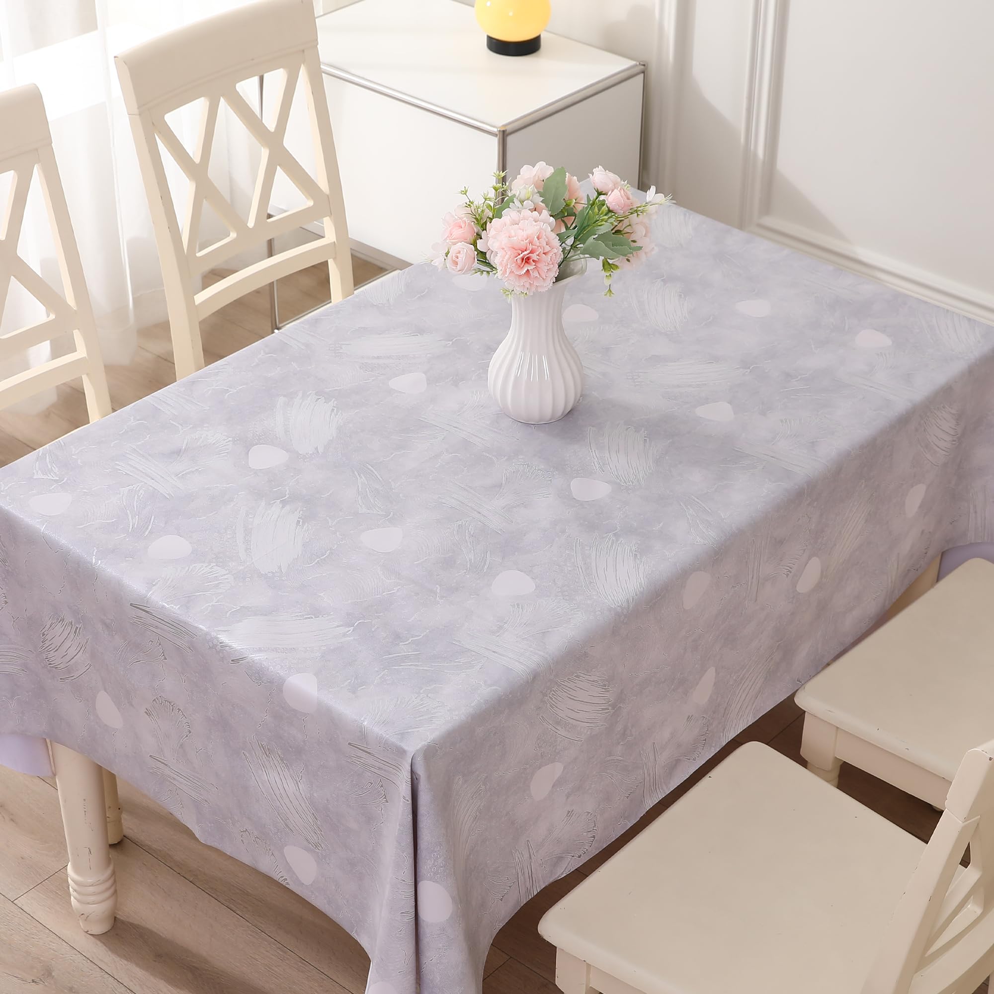 Rayapot Tovaglia Plastificata Rettangolare 140×220cm,Tovaglie in Plastica PVC Lavabile Impermeabile e Antimacchia,Facile da Pulire,Copritavolo per Cucina e sala da Pranzo-Piume Grigie