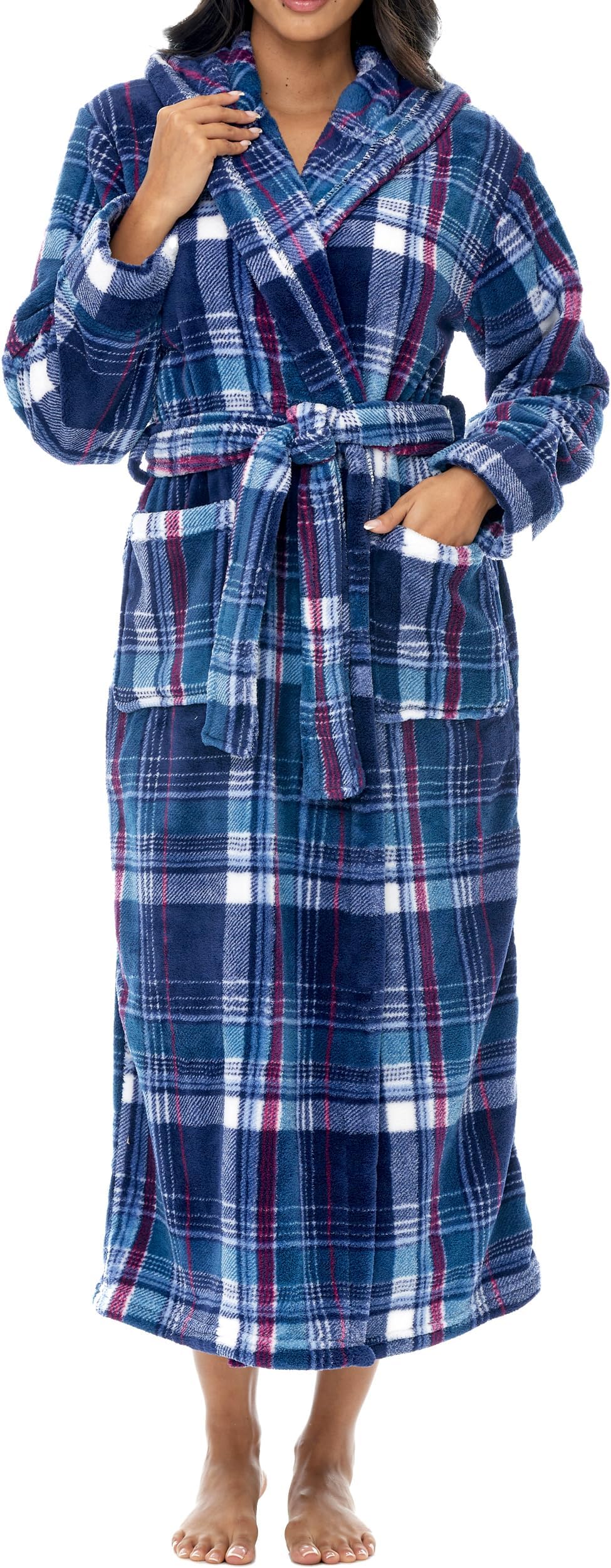 Alexander Del Rossa Women's Robes, Long Plush Bathrobe, Womens Robe with Hood, Hooded Robes for Women Plus Size Robe Purple Tartan Plaid 3X (A0116AGR3X)
