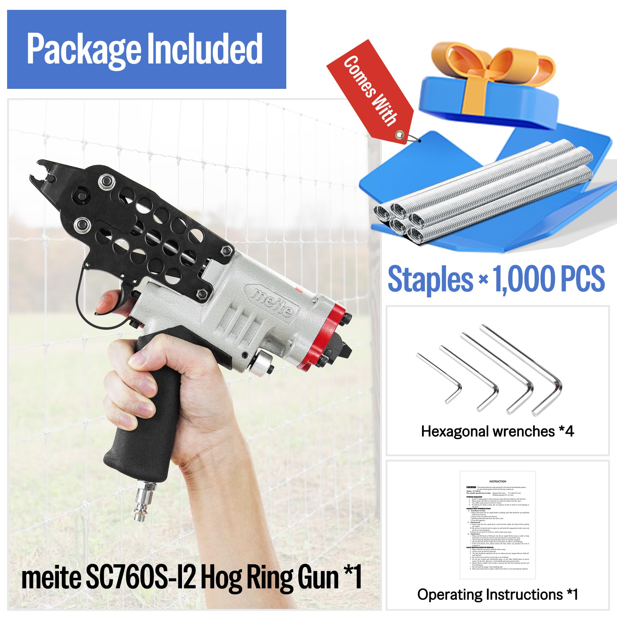 meite SC760S-I2 Pneumatyczny pistolet do pierścieni wieprzowych, 16GA 12,5 mm, z zamknięciem 2,6-3,6 mm, lekkie szczypce do ogrodzenia, tapicerki, klatek dla zwierząt domowych i zamykania toreb