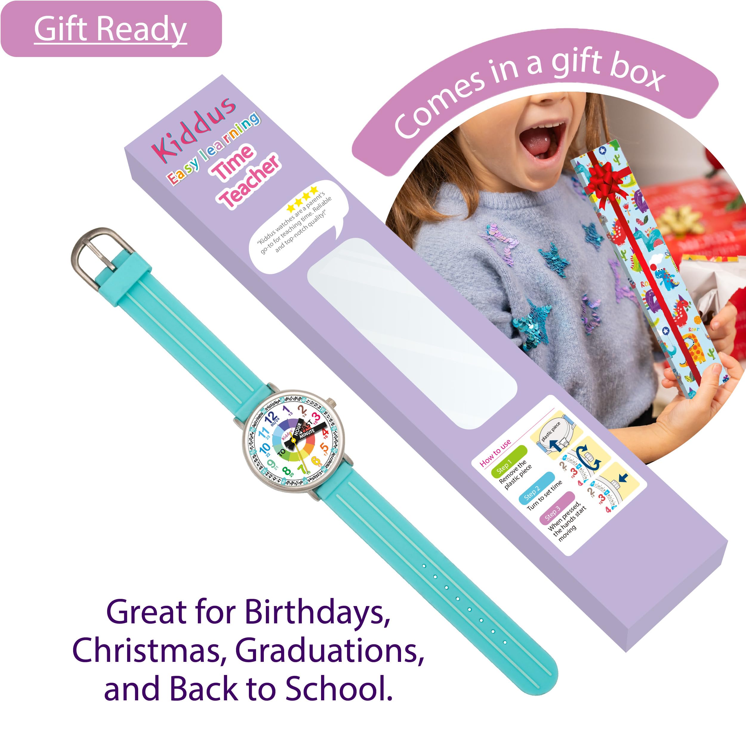 Montre Pedagogique Fille Montre éducative Kiddus Pour Enfants - Apprentissage De L'heure Analogique - Conçue à Barcelone - Bracelet Cuir PU Rose Montre Analogique Kiddus