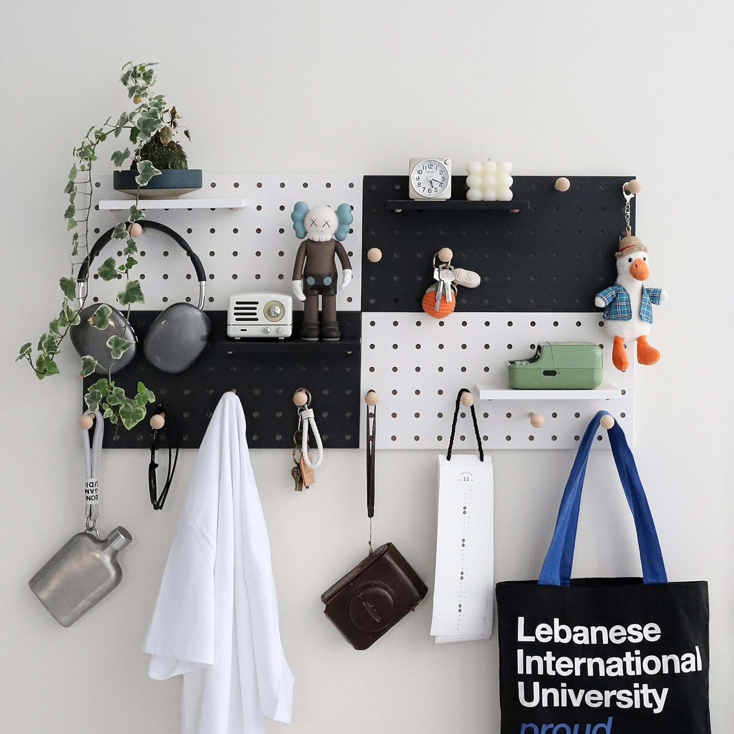 Wooden Pegboard Accessories Set: Modular Wall Hooks & Shelf for Garage, Office & Home Organization(Black Colored Finish-B)