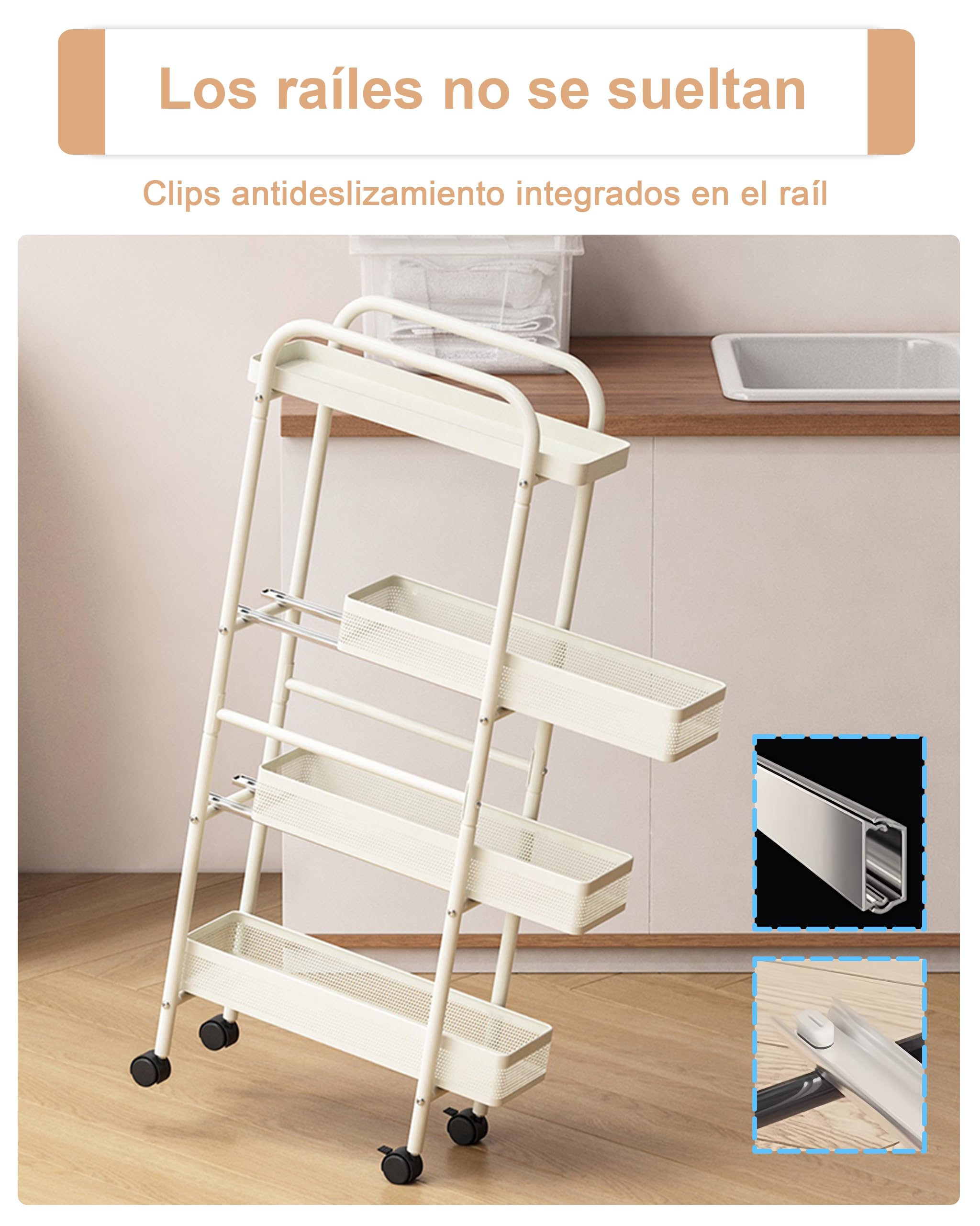 UMDONX Carrito Cocina Estrecho de Metal,Carrito Auxiliar con Ruedas con Cajones Extraíbles, Carrito de Servicio de 4 Niveles para Espacios Pequeños Baño Lavadero, Blanco