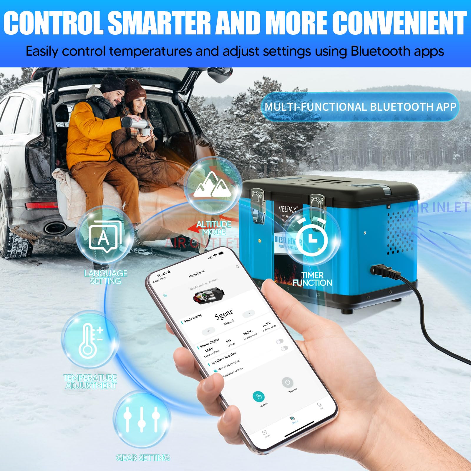 VELPAX Calentador Diésel Portátil Todo en Uno 12 V 24V 220V 8KW,Bluetooth App Calentador de Aire Diesel 0,16-0,52 L/h LCD de Control Remoto,Adecuado para Autocaravanas,Coches,Camiones,Autobuses