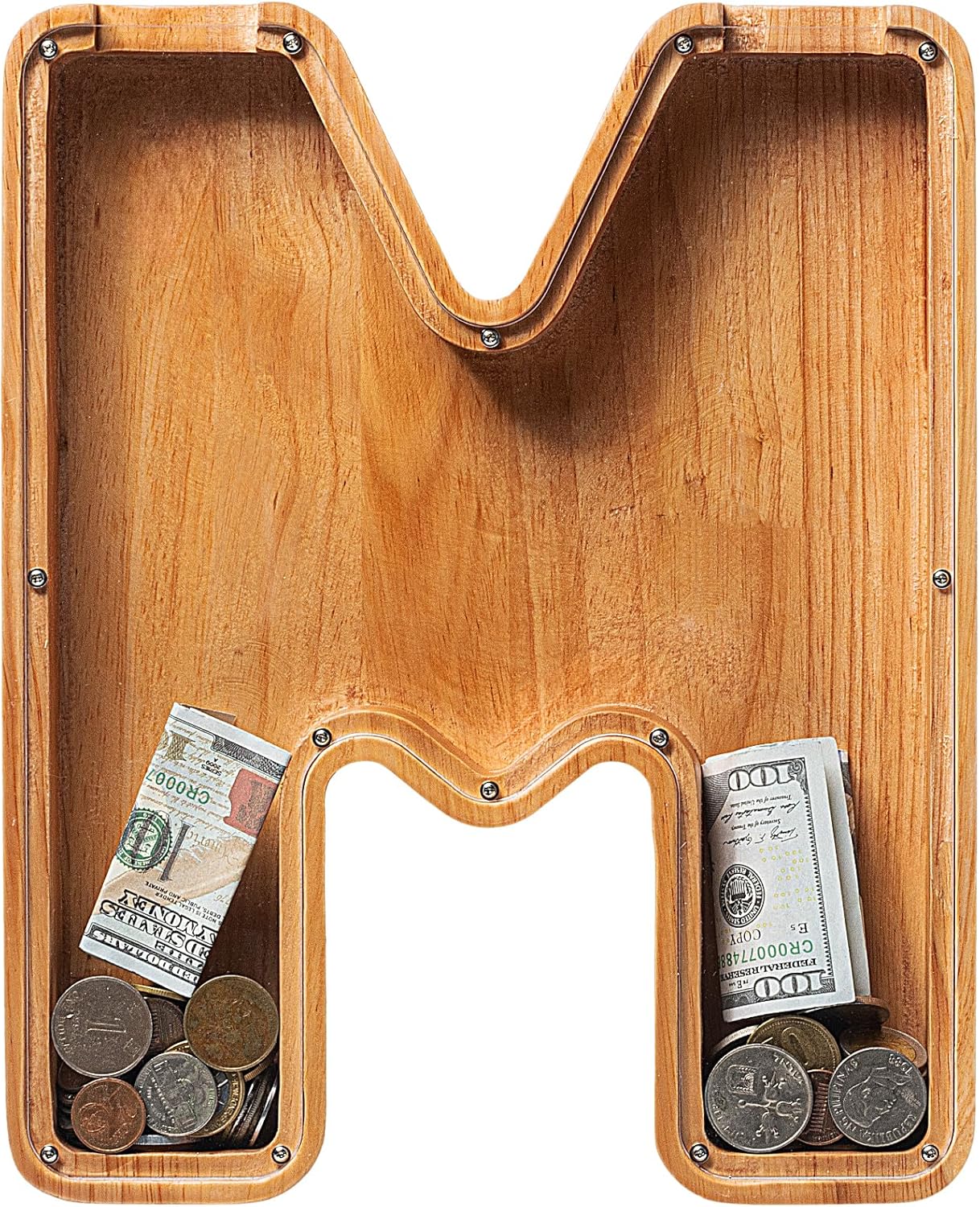 Condition photo showing New/Like New for 12" extra large wooden letter piggy banks - piggy banks for boys girls kids, alphabet money banks with initial m - coin banknote bank birthday/christmas for kids m new style-initial-12"