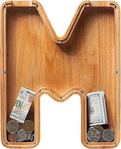 Miniatura 353 de Alcancía para niños y niñas, alcancía grande de madera personalizada con diseño recortado, bancos de monedas con letras del alfabeto, caja de ahorro
