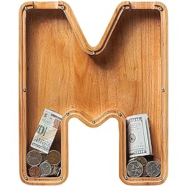 Sulevalt 12 Extra Large Wooden Letter Piggy Banks - Piggy Banks for Boys Girls Kids, Alphabet Money Banks with Initial M - Coin Banknote Bank Birthday/Christmas for Kids