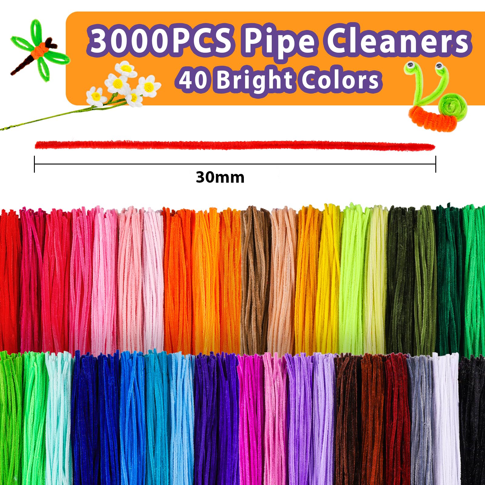 Caydo Lot de 3000 cure-pipes de 40 couleurs avec 100 tiges en chenille douce pour enfants, loisirs créatifs, décoration, 6 mm x 30,5 cm