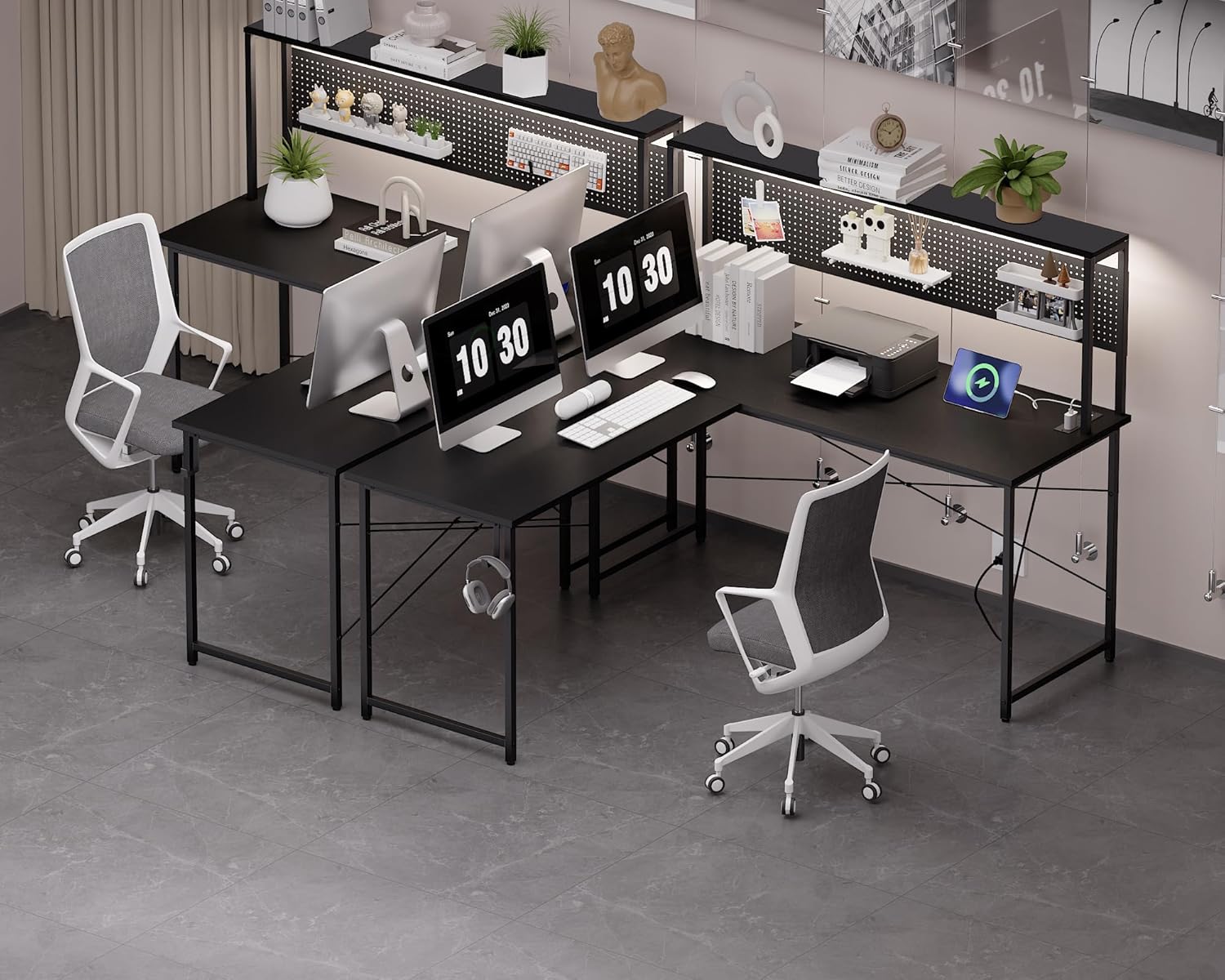 Pamray 60 Inch L Shaped Gaming Desk with LED Lights and Power Outlets Reversible Corner Computer Desk with Pegboard Storage Shelves Home Office Table for Work Study Black - Image 2