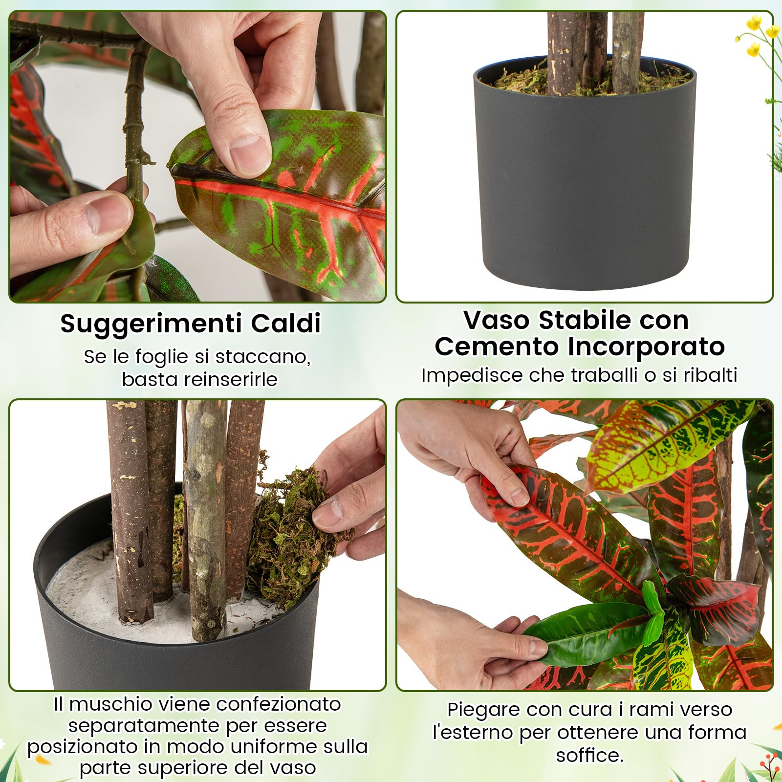 COSTWAY Pianta Finta di Croton 150 cm, Albero Artificiale da Interno ed Esterno, Pianta Tropicale in Vaso con Foglie Sfumate Finte, Ideale per Casa e Ufficio