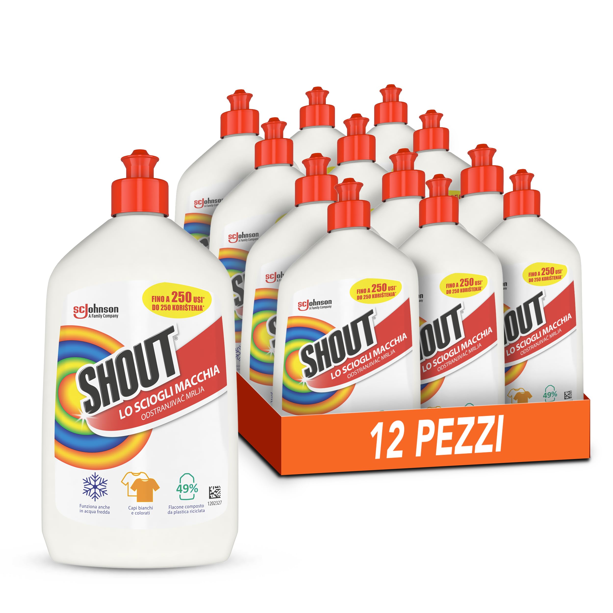 Shout Scioglimacchia Liquido, Smacchiatore Bucato, Tripla Azione, Sicuro su Capi Bianchi e Colorati, New - Formato scorta da 12 pezzi da 500ml