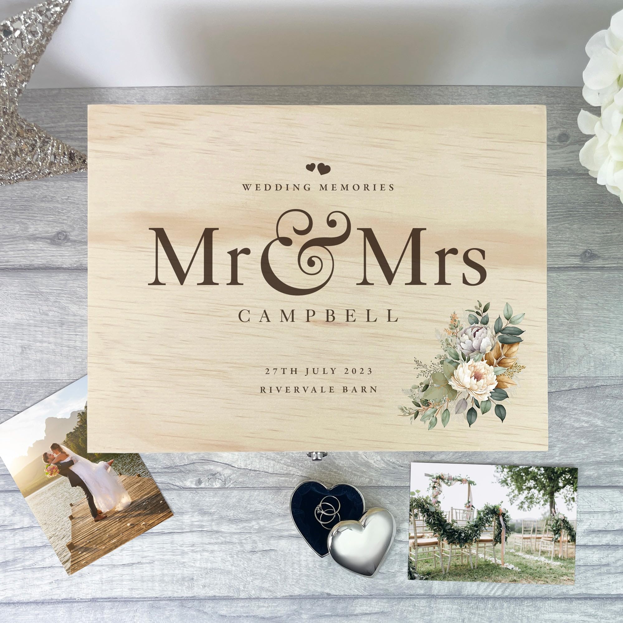 Scatola dei ricordi in legno con motivo floreale, personalizzabile, regalo personalizzato con luogo, nomi, cognome e data, regalo perfetto per il giorno, fiori verdi e gialli, 36 x 27 x 20 cm