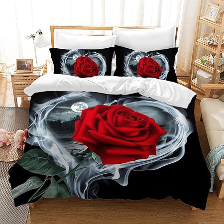 HZVRTN 3D Bettwäsche Set Rot Rose - Mikrofaser 3-teilig | 220x240cm Mit Reißverschluss