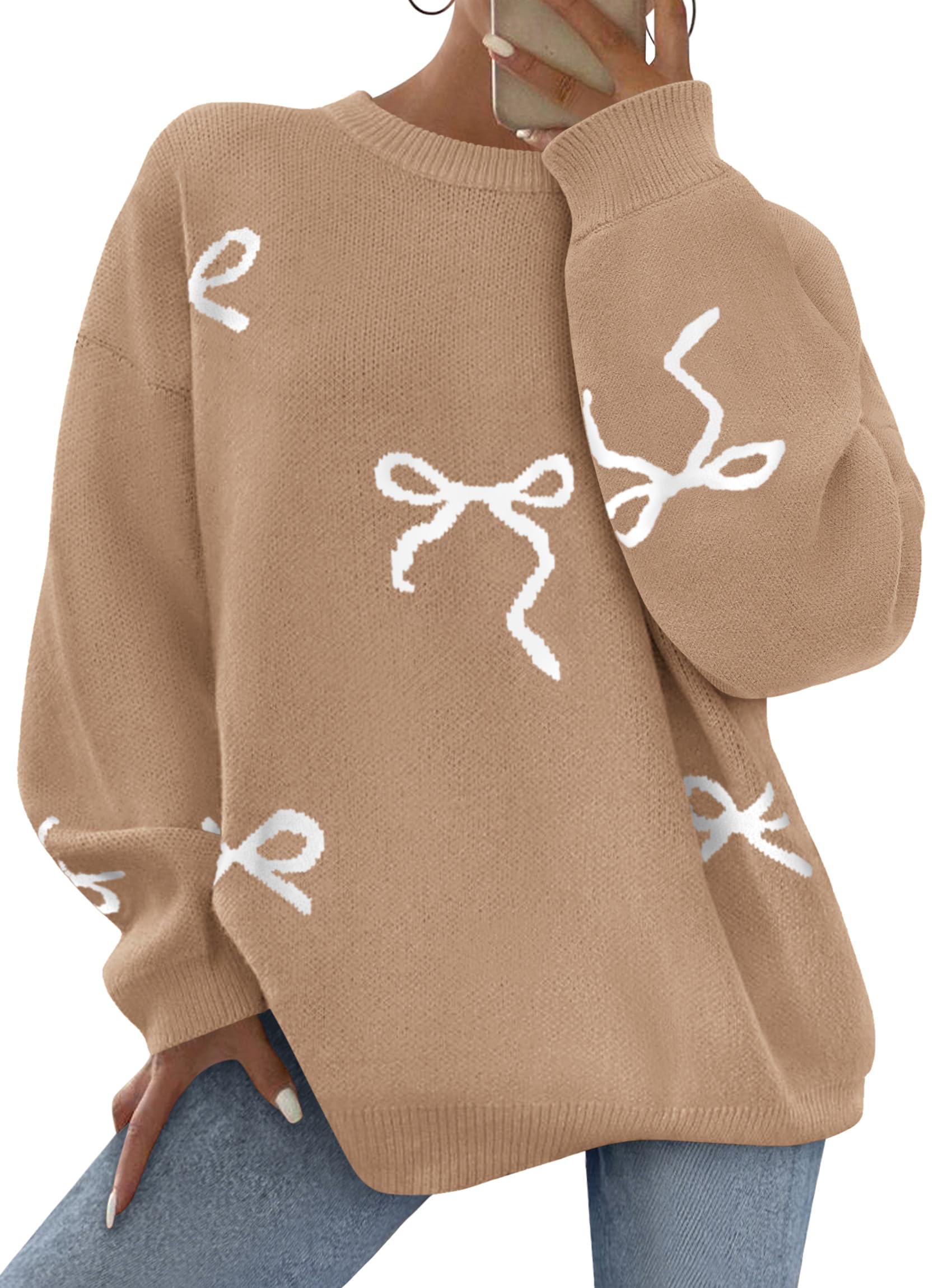 PRETTYGARDEN Fall Long Sleeve Pullover Sweaters for Women 2025 Trendy Crewneck Casual Cute Bow Chunky Knit Oversized Sweater