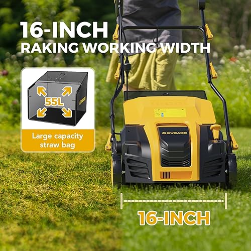 Miniatura 6 de EVEAGE 2024 - Desraspador eléctrico y escarificador de 16 pulgadas y 15 amperios, ajuste de profundidad de 5 posiciones, bolsa de recolección de