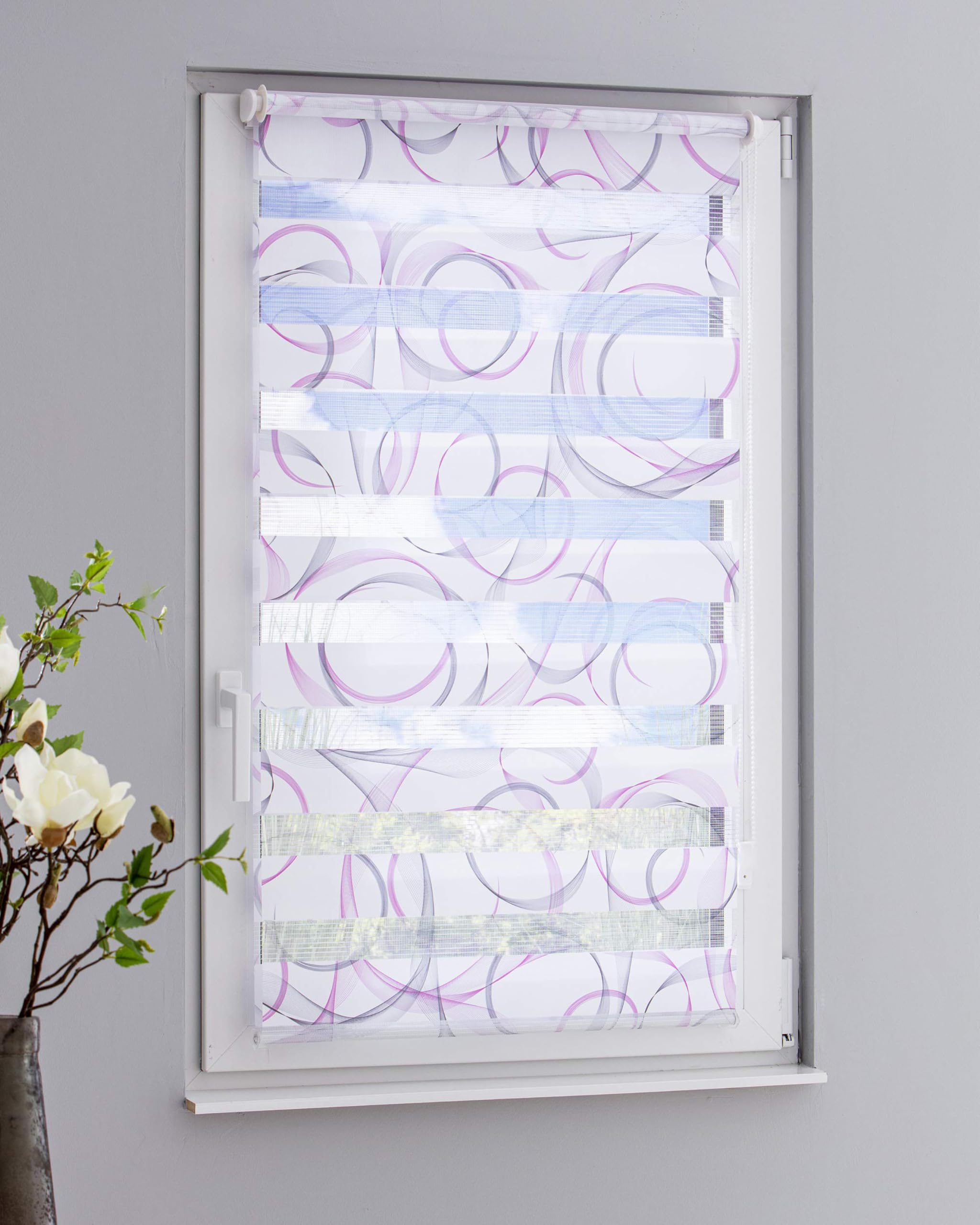 by Garesa Duo Rollo Swing - Doppelrollo Klemmfix ohne Bohren 90 x 150 cm, Weiß/Grau/Fuchsia - Fenster Sichtschutz und Lichtschutz, Bedienung mit Kettenzug