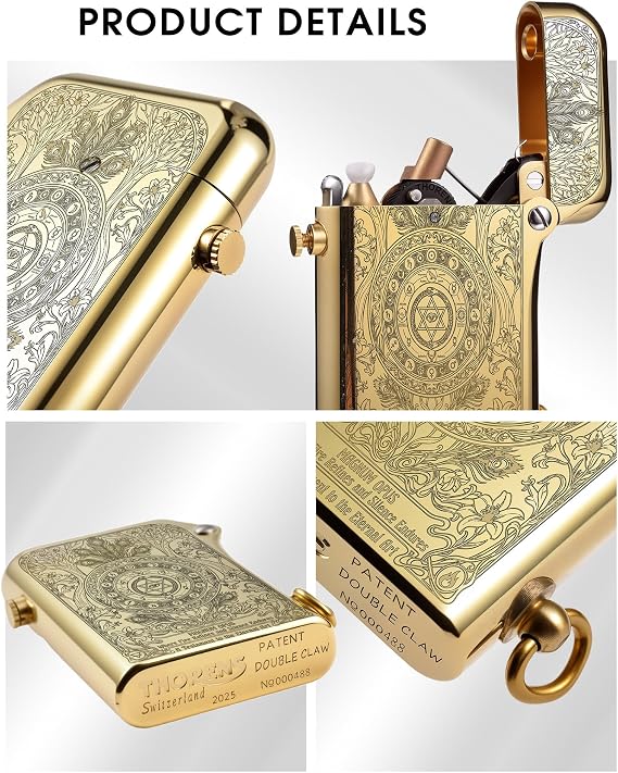 THORENS Double Claw Vintage Brass Fluid Lighter, Safety Lock, Magnum Opus | Classic Refillable Kerosene Copper Lighters, Automatic Ignition, Soft Flame, Etched Finish, Luxury Collectible Gift For Men