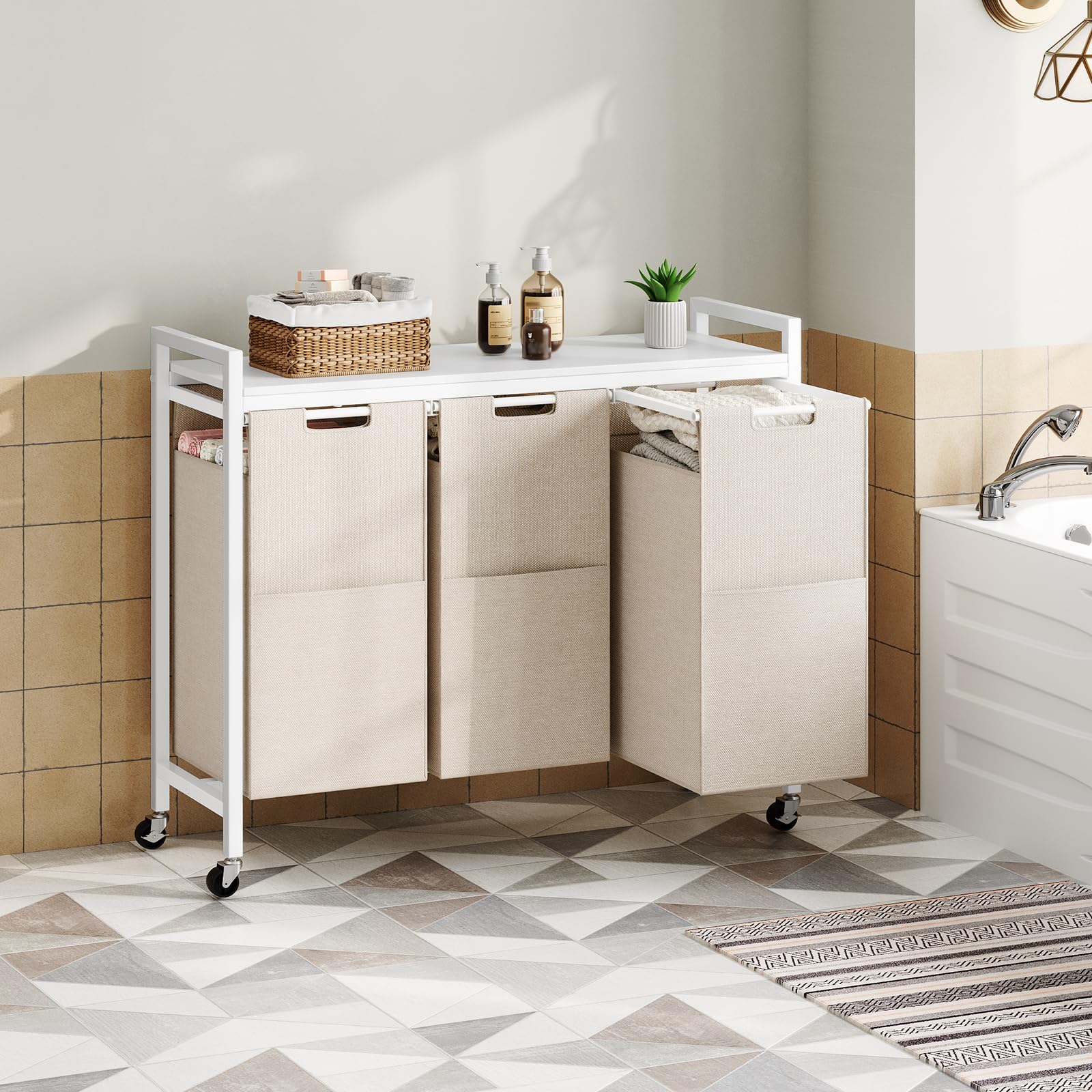 HOOBRO Cesto para Ropa Sucia, Cesta Colada con 3 Bolsas Extraíbles, Carro de Lavandería, 3 x 39,8 L, 84 x 33 x 74, 5 cm, para Lavadero, Baño, Blanco y Gris EWG38XY01G1