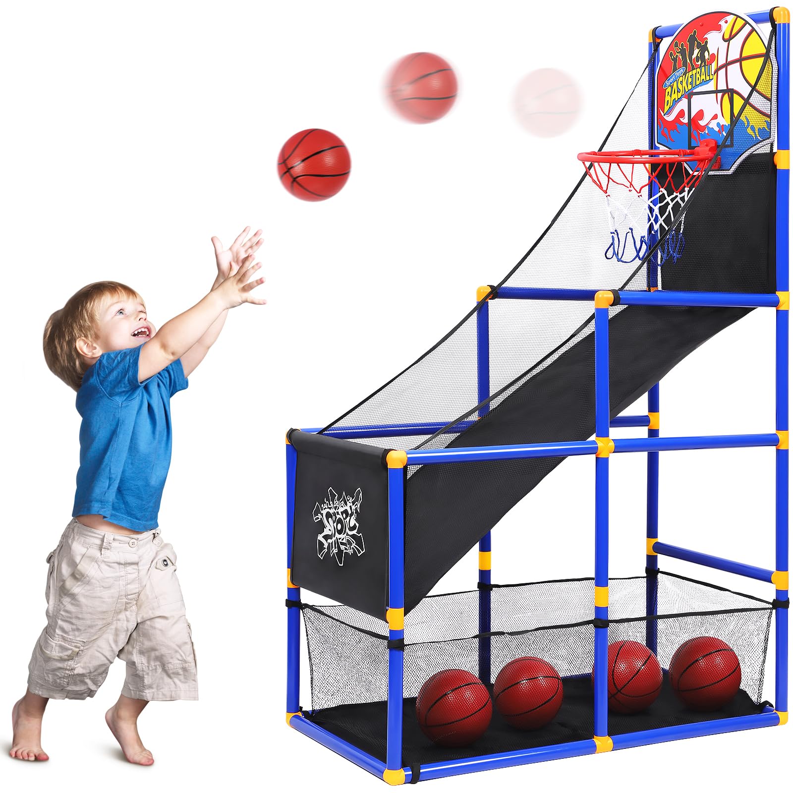 AOKESI Arcade Basketball Game Set for Kids, Toddler Mini Basketball Hoop with 4 Balls Indoor and Outdoor Sports Toys Gifts for Boys Girls Aged 3-4 5-6 7-12 Years Old Adjustable Height Stand