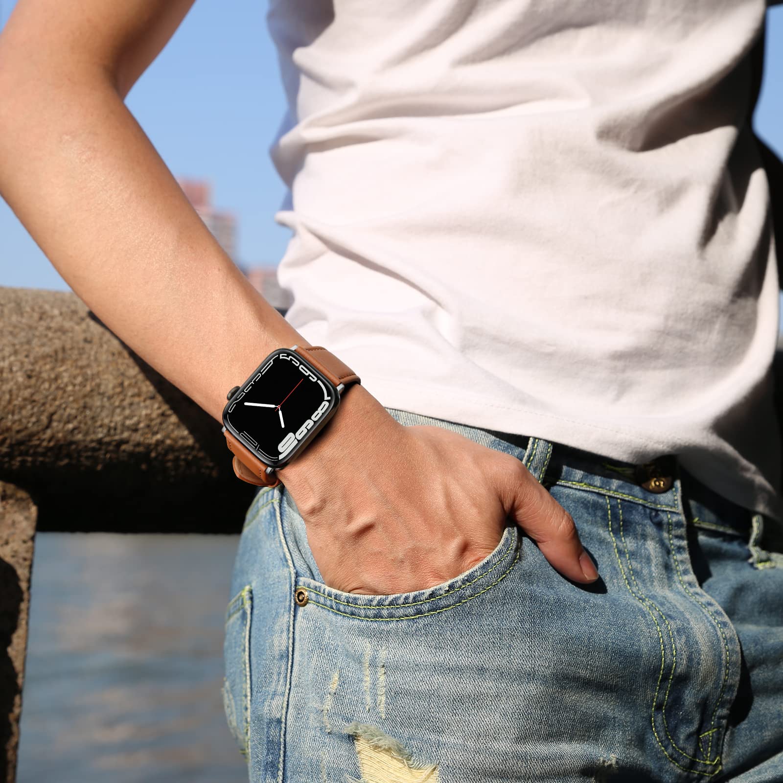 SWEES Leather Band Compatible with Apple Watch Bands 45mm 42mm 44mm Men  Women, Vintage Genuine Leather Wristband Replacement Band Compatible for