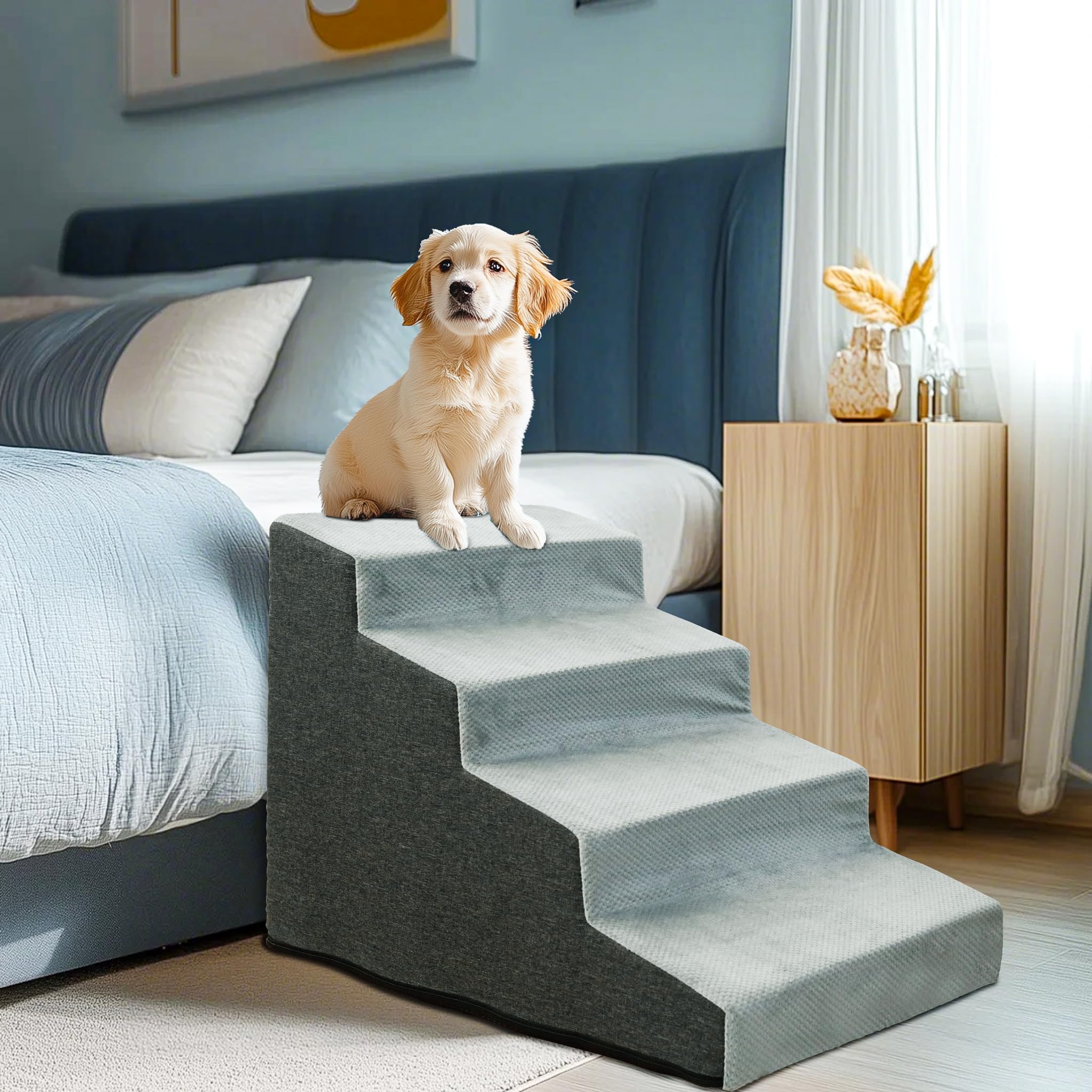 BingoPaw Haustiertreppe Hundetreppe 3 4 5 StufenHunderampe für Bett und Sofa, Boxspringbett, rutschfest Waschbar Treppe für kleine mittelgroße Katzen