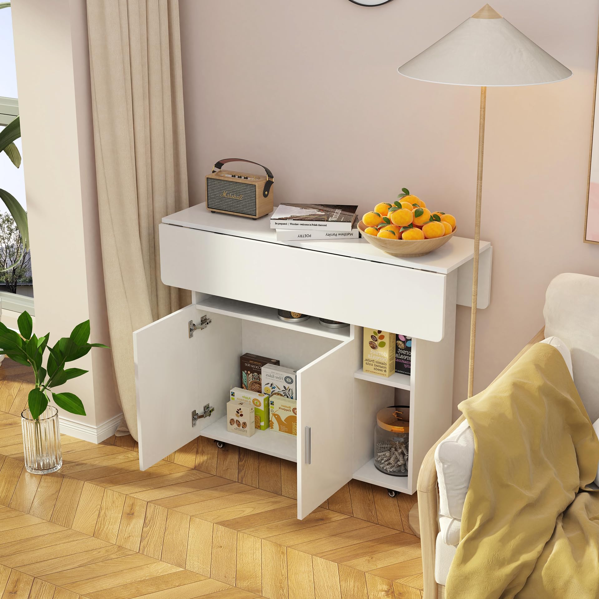 Mesa Plegable Cocina Móvil para Comedor Salón Escritorio, Blanco | 100x70x78cm Mesa Comedor Plegable con Amplio Espacio de Almacenamiento, Ruedas Giratorias y con Bloqueo, para 2-4 Personas