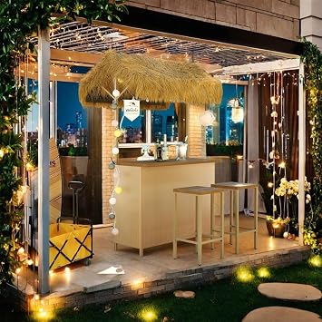 Outdoor Tiki Bar Set - 3 Piece Phuket Patio Wicker Islander Tiki Bar and 2 Stools with Adjustable Feet Outdoor Bar Table with Acacia Wood Top & Storage for Party, Garden, Kitchen or Bar Cart