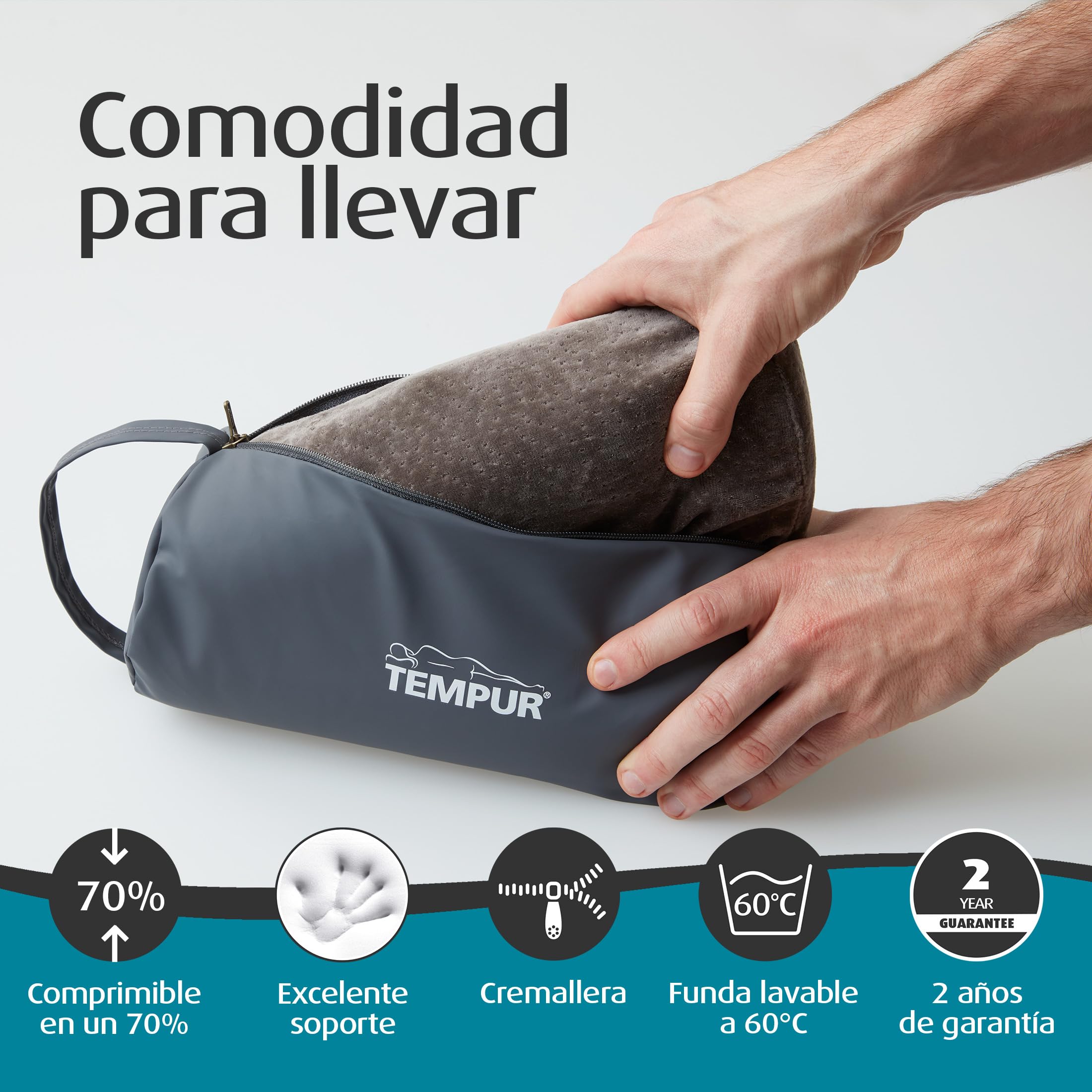 TEMPUR Almohada de Viaje ergonómica, viscoelástico, 25 x 31 x 10/7 cm | Almohada cervical de viaje TEMPUR con bolsa de transporte incluida, antracita