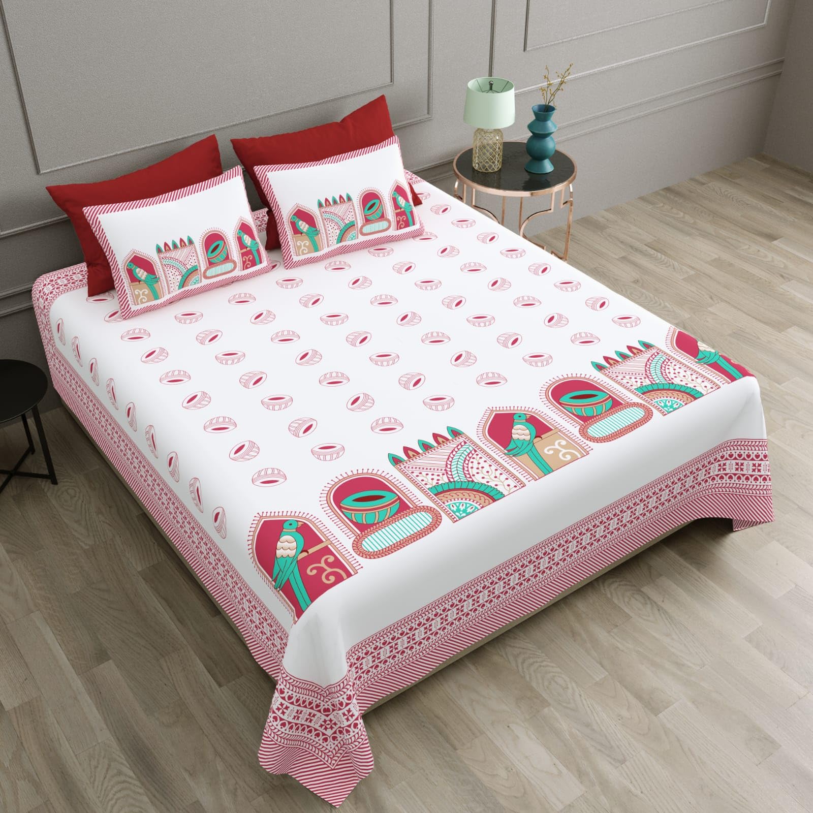 Yoksh Handlooms - Premium Jaipuri Cotton 180 TC SuperKing Size (120 inch x 120 inch) Flat Bedsheet with 2 Pillow Covers (White Base/Maroon/Akriti - 12040) (B0CW9W26W3) Amazon Price History, Amazon Price Tracker
