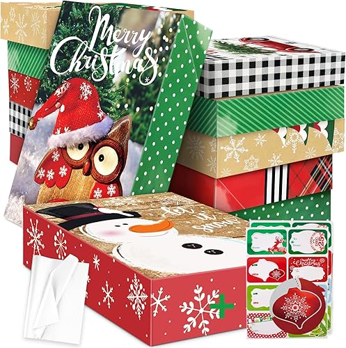 12 cajas de regalo de Navidad extra grandes a granel con tapas, 12 papel de seda y 80 calcomanías navideñas de aluminio para envolver ropa de gran
