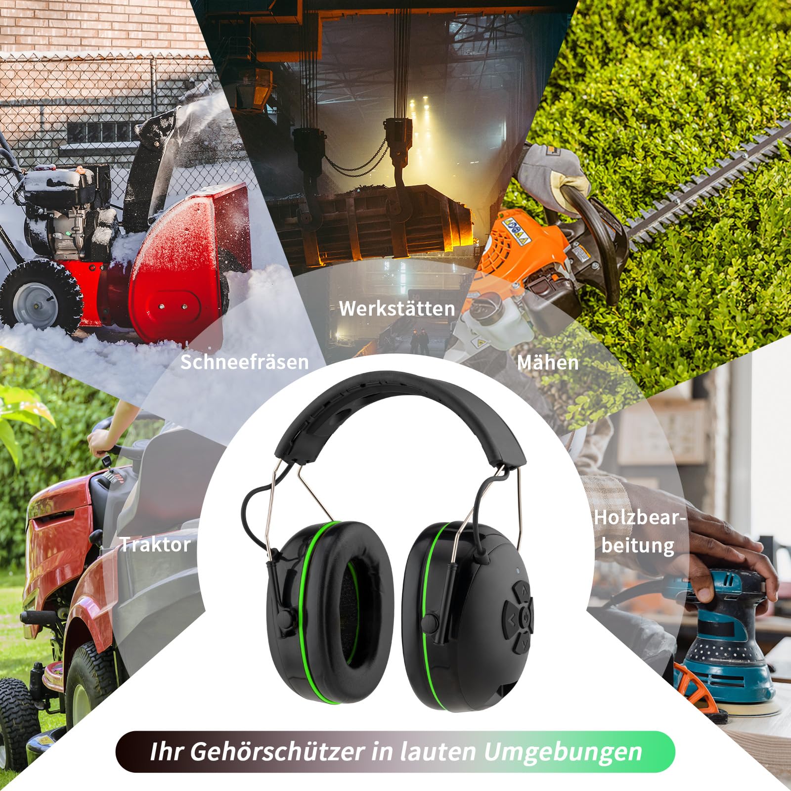 Casque anti Bruit bluetooth 5.4 Mixte, haut-parleurs haute fidélité,Microphone intégré, 120h + de lecture, protection auditive idéale pour la tonte, le travail du bois, SNR 30 dB