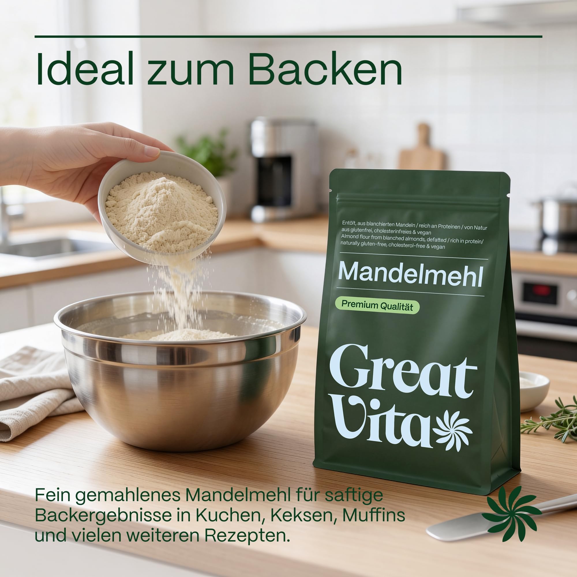 GREAT VITA Mandelmehl Blanchiert 1kg - Fein Gemahlene Mandeln, Nicht Entölt - Glutenfreies Low Carb Mehl zum Backen, Panieren & für Macarons | Vegan, Proteinreich, Naturbelassen
