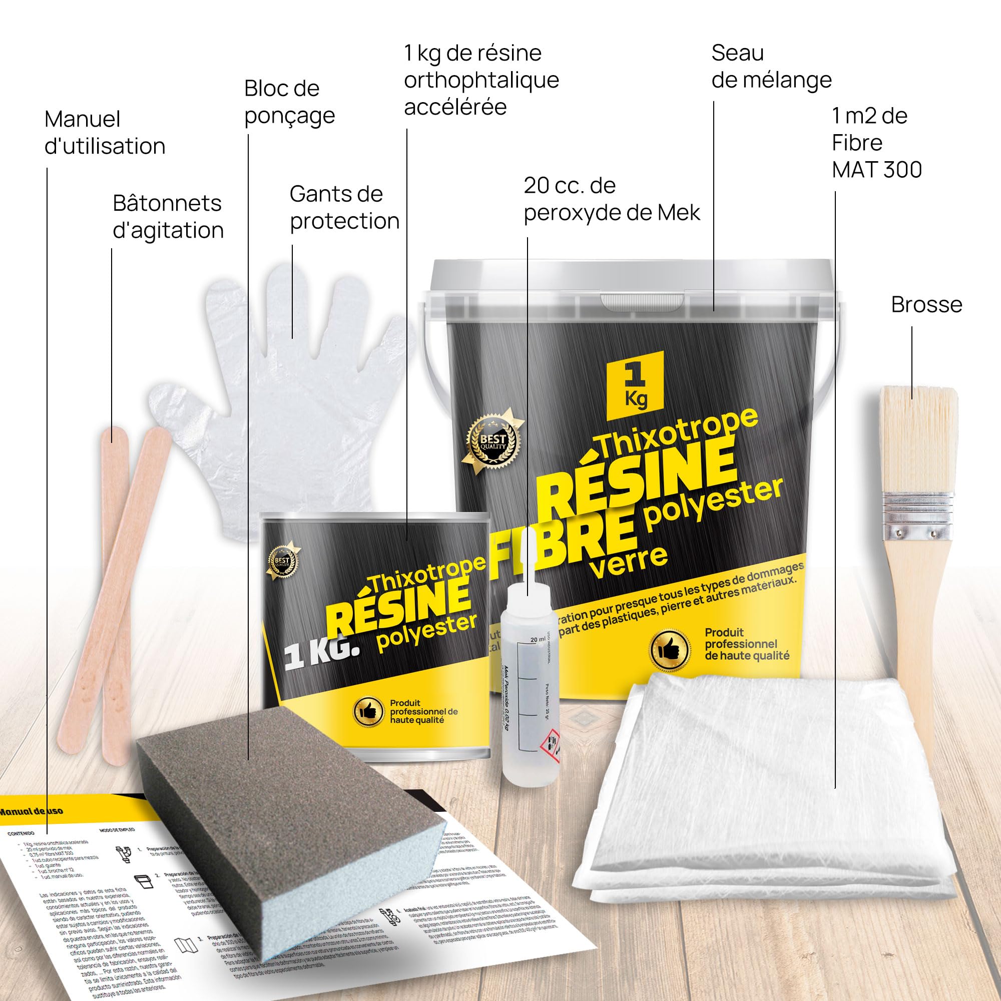 Sikd - Fibre de verre, resine polyester et durcisseur. Kit de réparation pour Bateaux, piscines, réservoirs, caravanes, tuyaux, carrosseries…