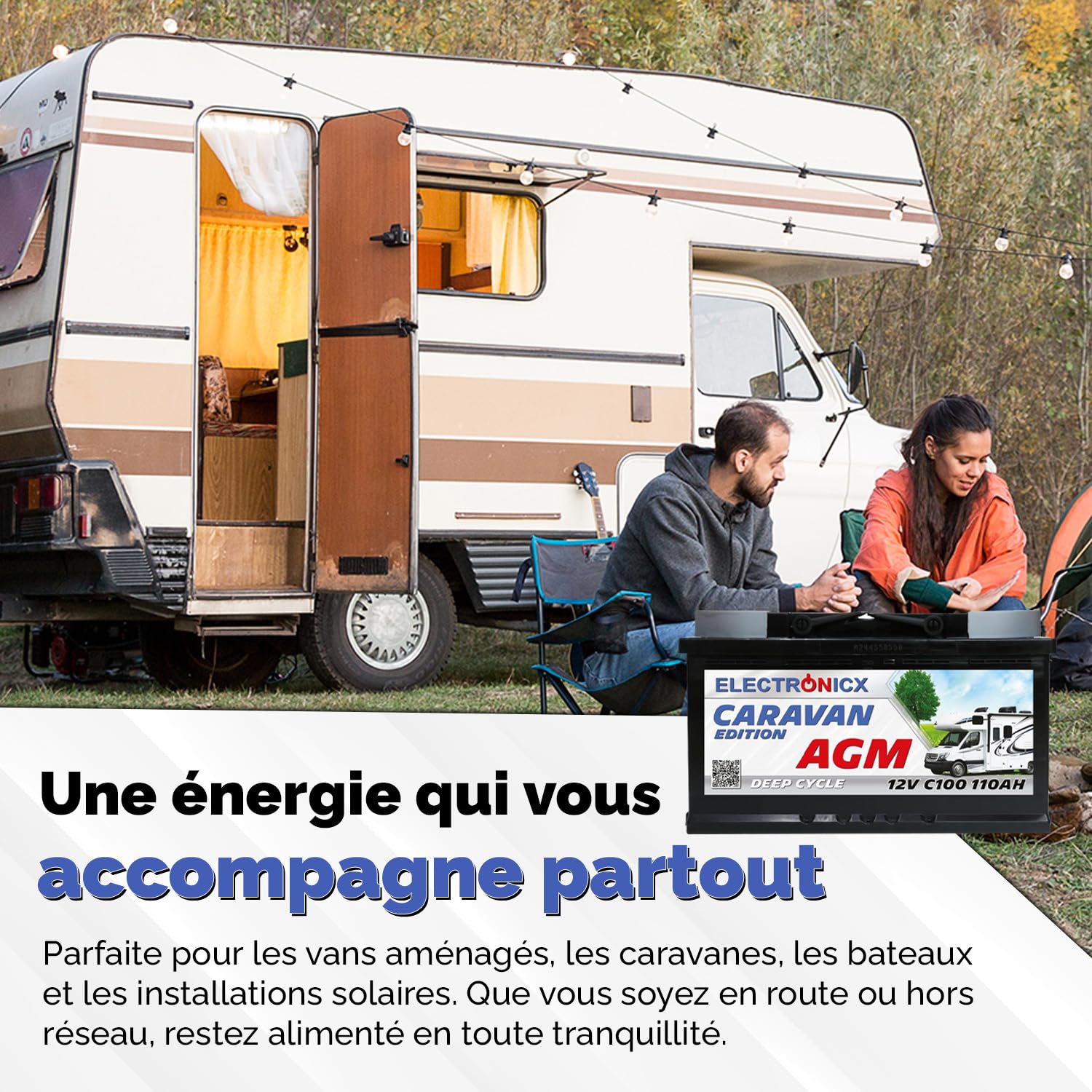 Batterie de service Electronicx AGM Caravan Edition 12V 110Ah – 110 ah Batterie à décharge lente pour camping-car, caravane, solaire– sans entretien, étanche, anti-fuite 315×175×190 mm