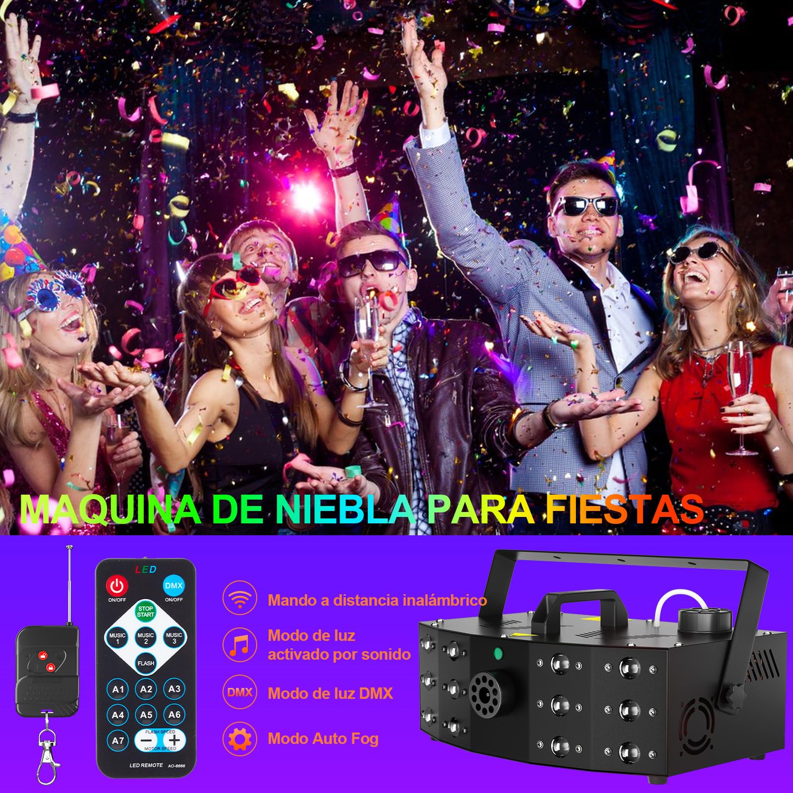 Hakuta Máquina de Humo con 12 Luces LED DMX, Control Remoto Inalámbrico para Interior y Exterior - Efectos para Fiestas, Bodas, Halloween y Escenarios