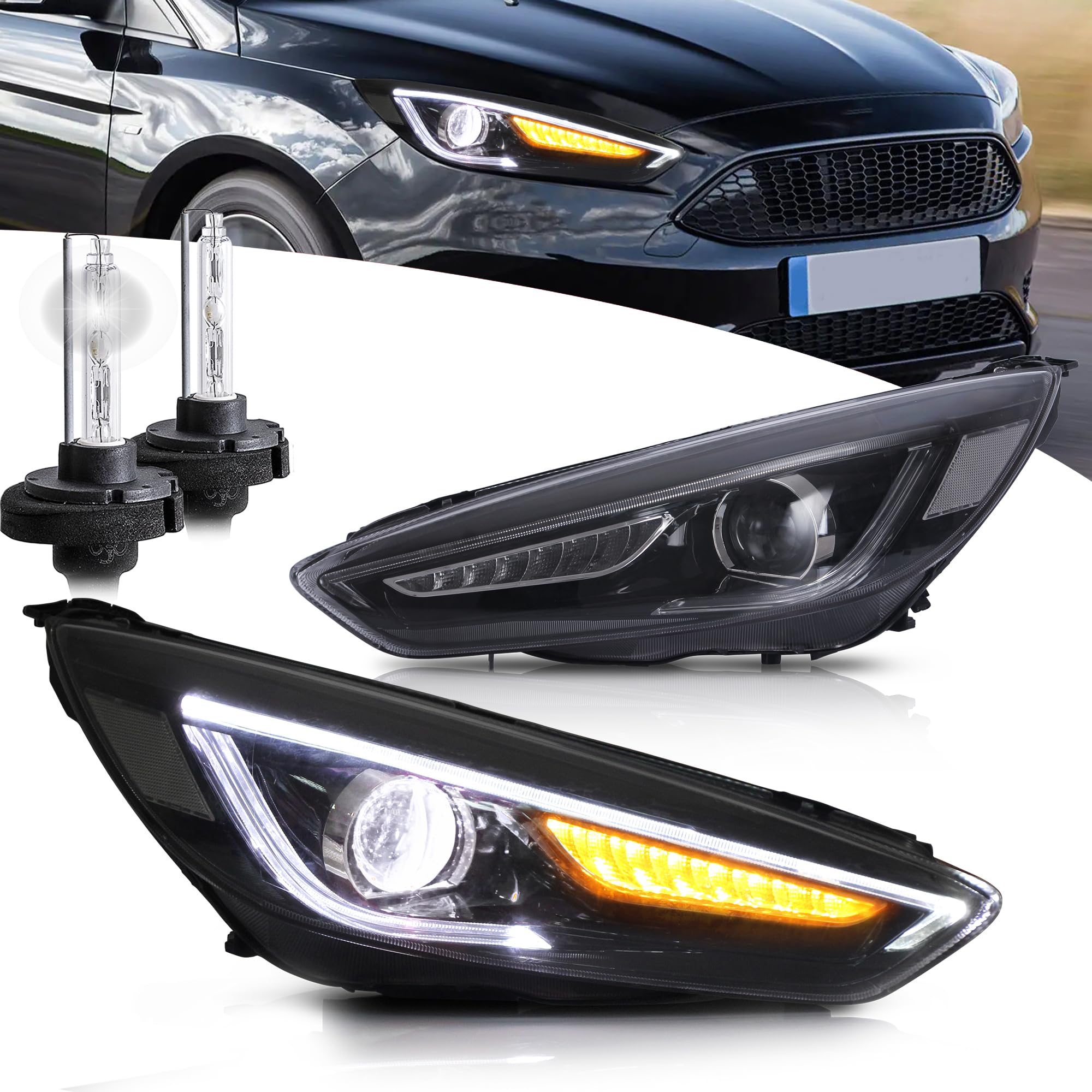 VLAND Headlights compatible with Focus MK3 Facelift/Focus MK3.5 ST RS 2015-2018, w/Sequential Turn signal, Driver & Passenger Side (with D2H xenon bulbs)